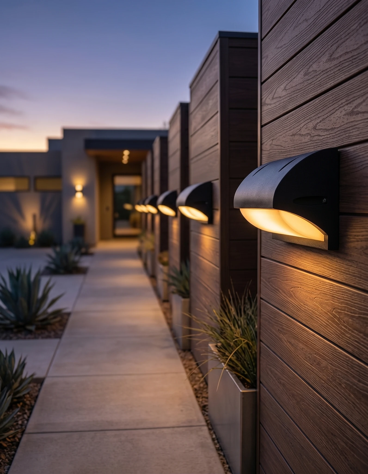 Outdoor wall sconce NOTO No.04, a row of black visor sconces lit along a dark wood-clad exterior wall at dusk