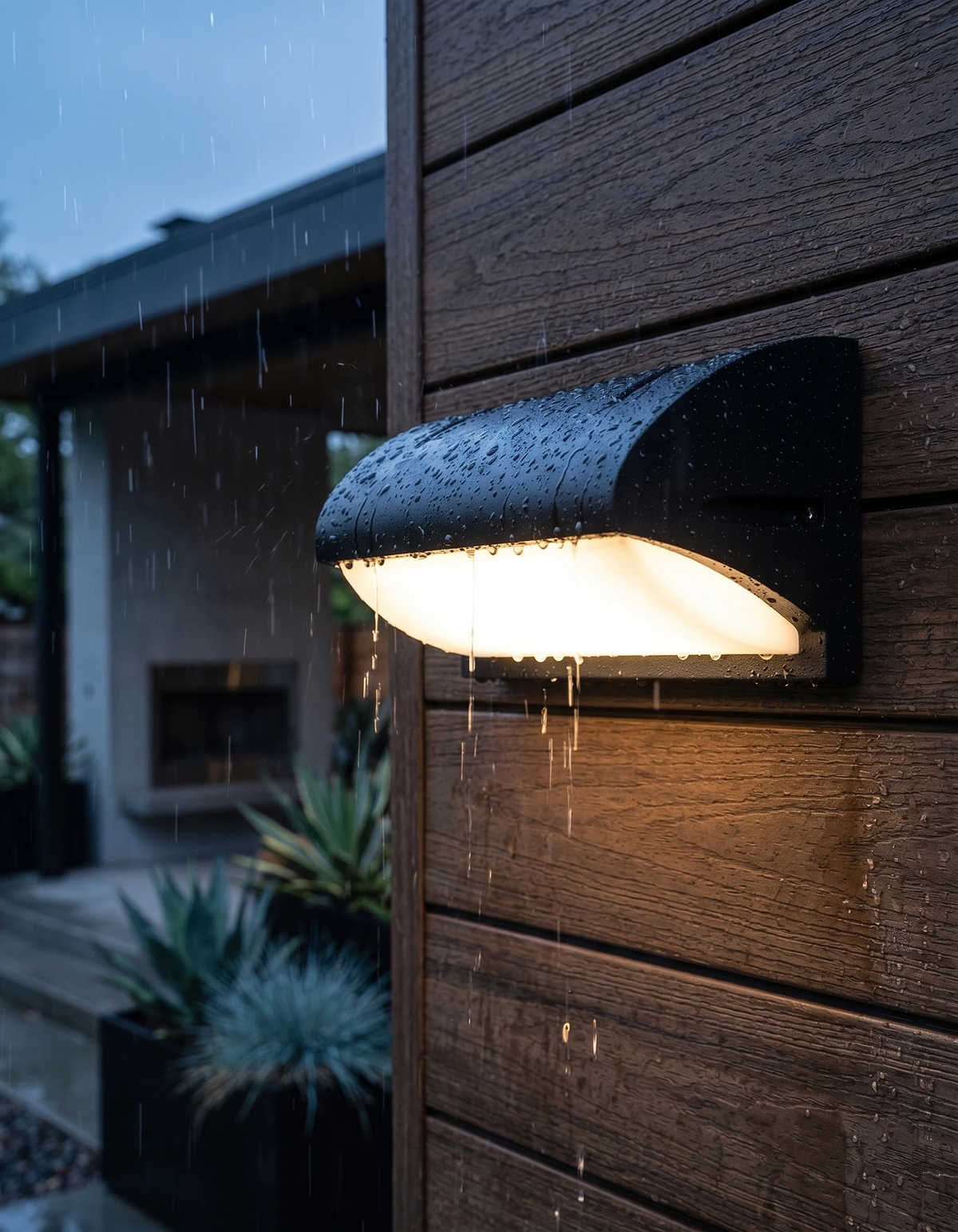 Outdoor wall sconce NOTO No.04 lit on dark wood siding in the rain, water beading on the black visor