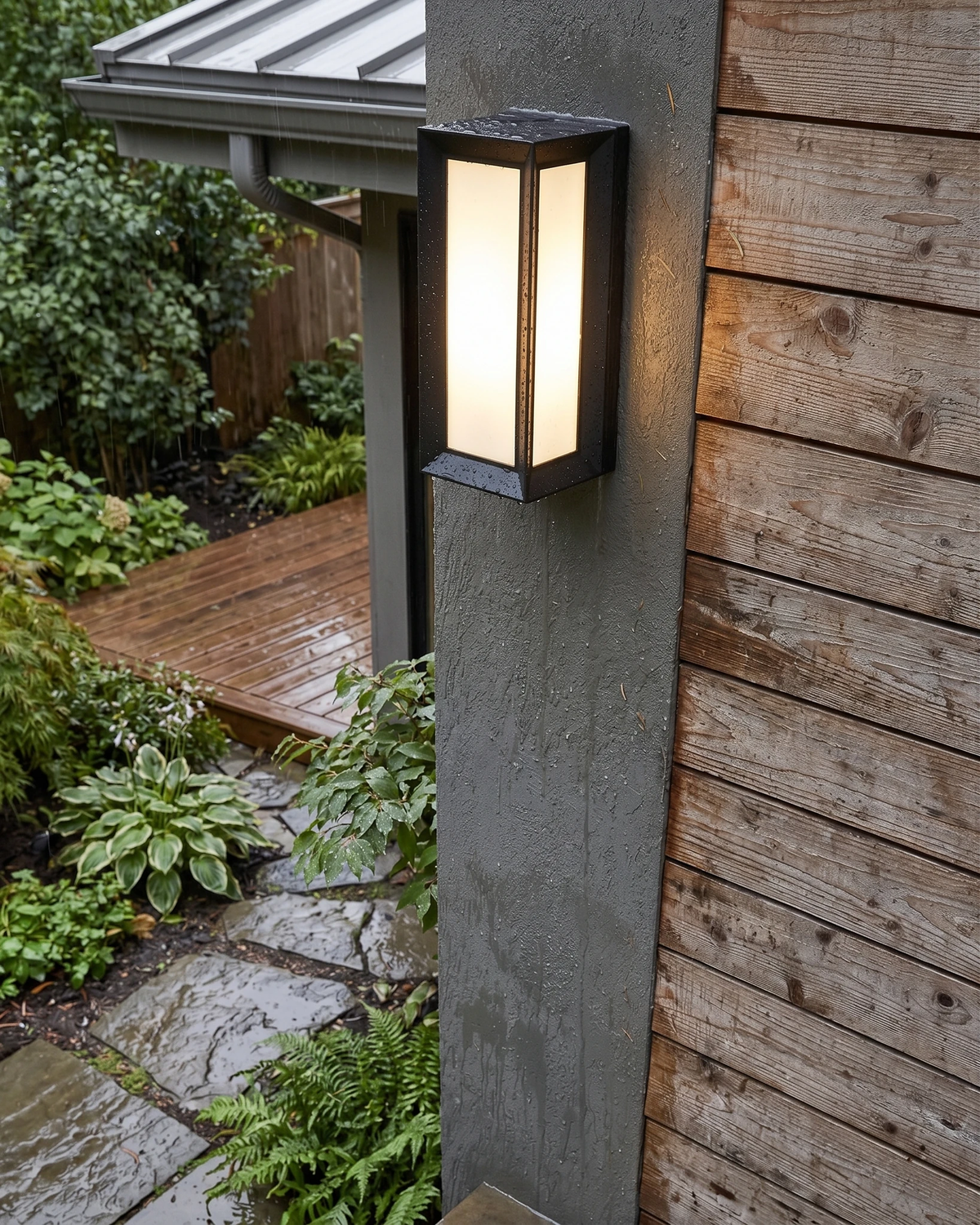 Outdoor wall sconce PORTICO No.01 lit on a wood-clad wall above a garden path with wet decking