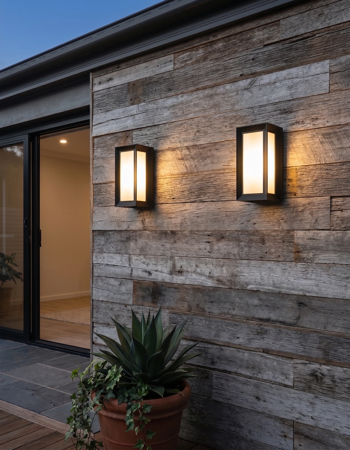 Outdoor wall sconce PORTICO No.01, two lanterns lit on a reclaimed wood wall beside sliding glass doors