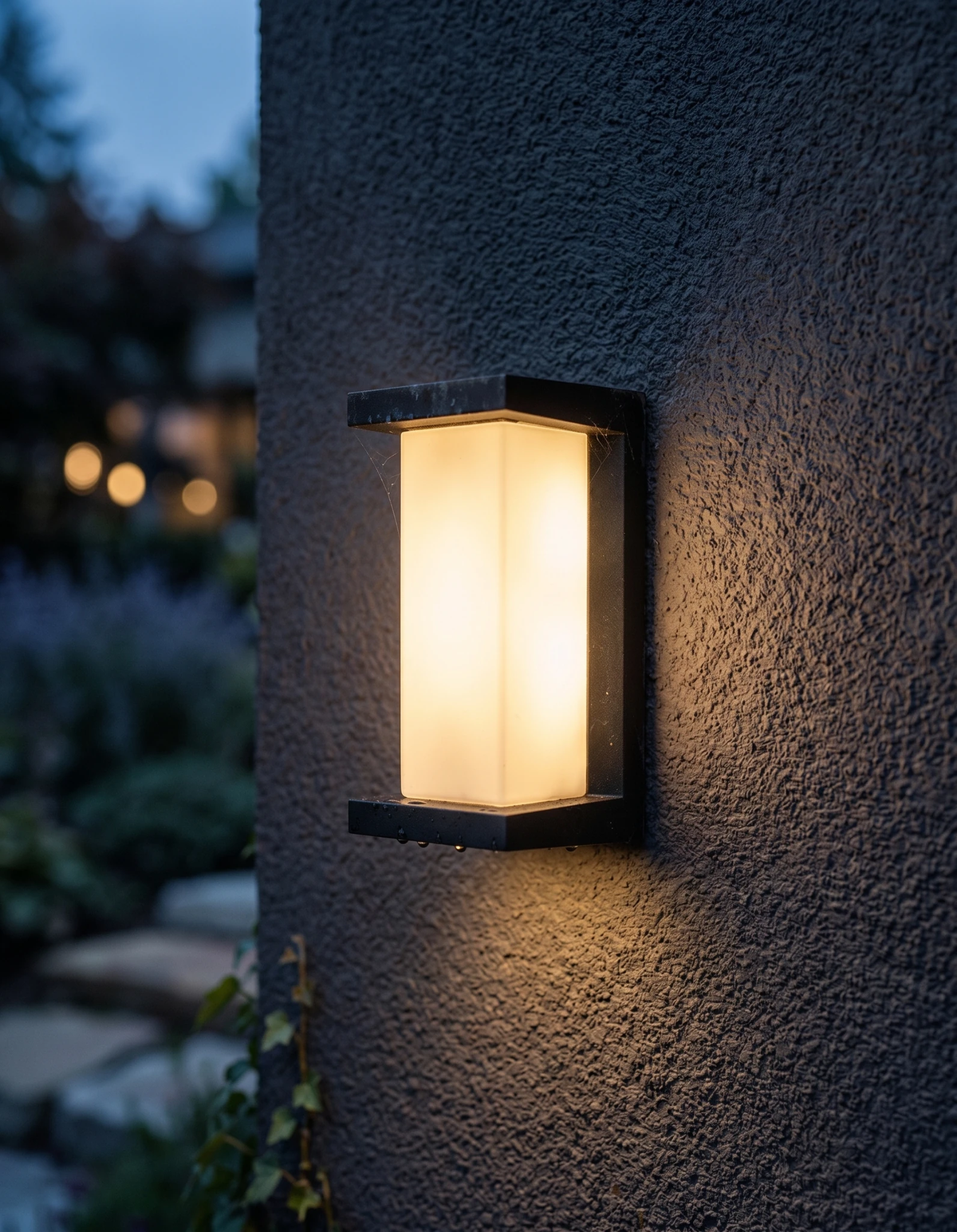 Outdoor wall sconce PORTICO No.02 lit on a dark rendered wall at dusk with a garden and stone path behind