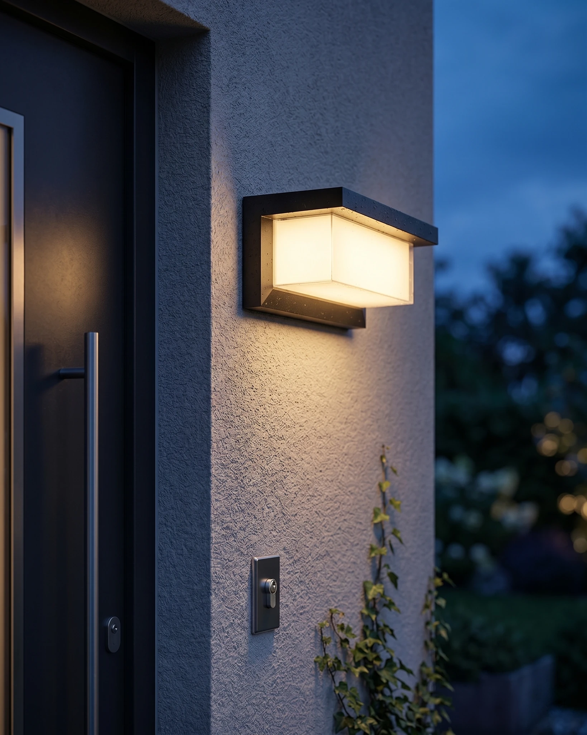 Outdoor wall sconce BRISA No.01 lit on a white wall beside a dark front door with an intercom at night