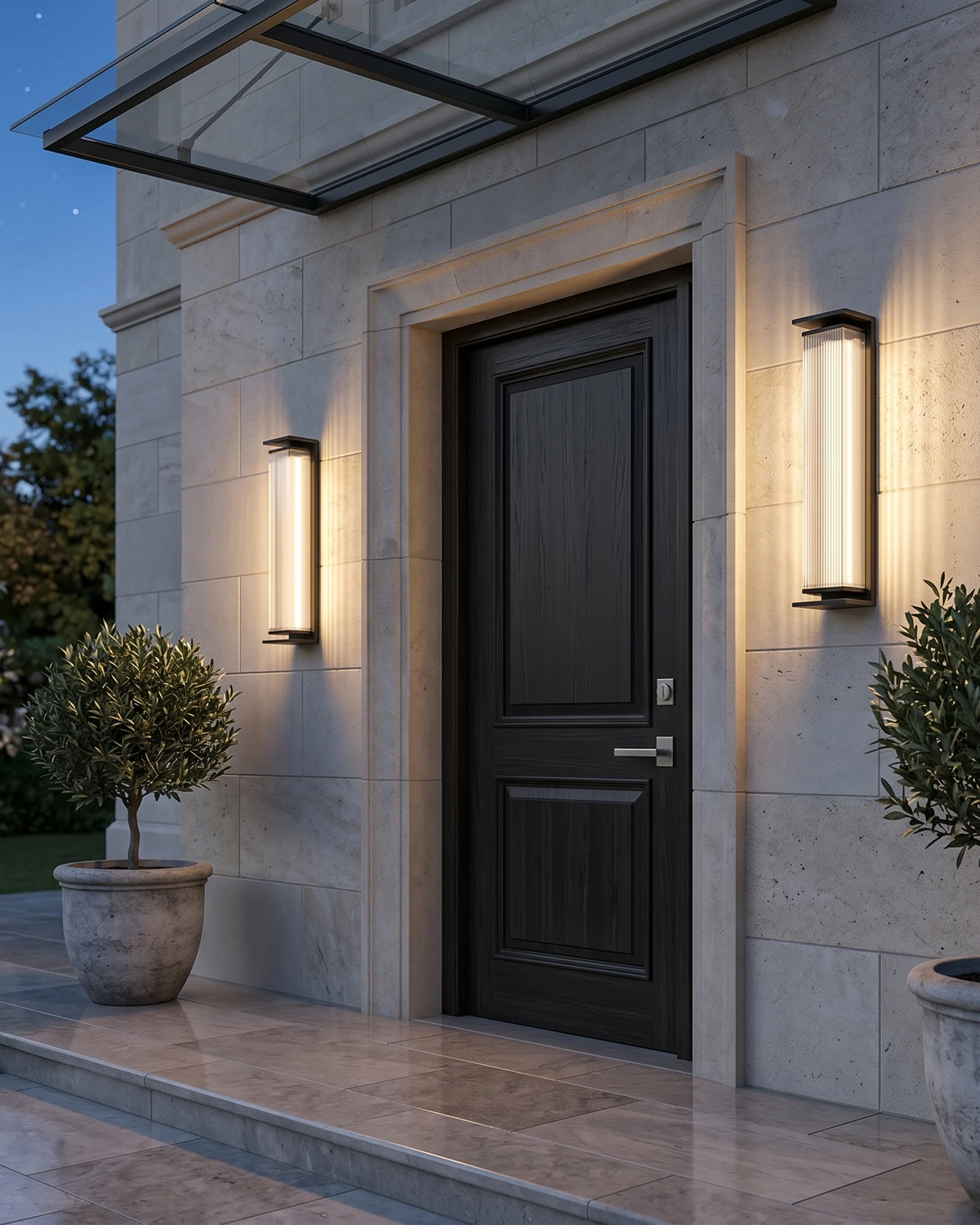 Outdoor wall sconce COSTA No.01, two lit fluted glass columns flanking a black front door of a stone house at dusk
