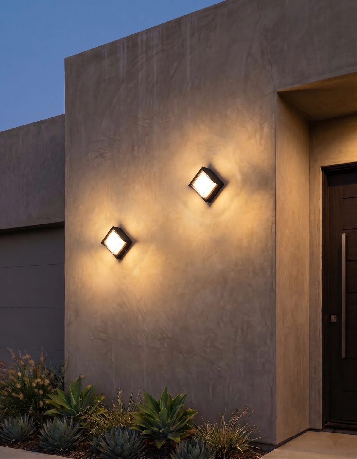Two outdoor wall sconces FARA No.02 lit on a stucco wall beside a dark front door at dusk