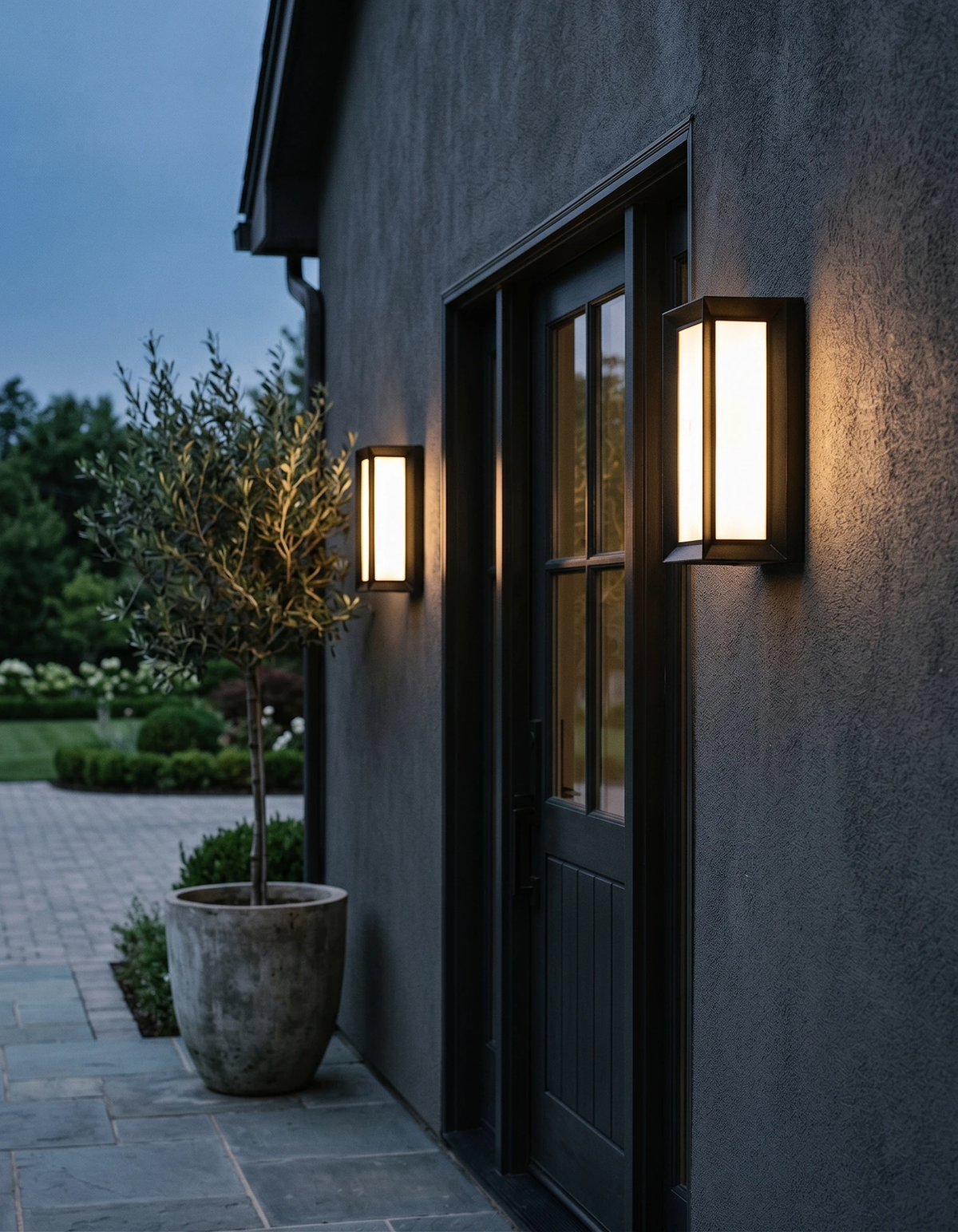 Outdoor wall sconce PORTICO No.01, two lanterns lit on a dark house wall flanking a front door at dusk