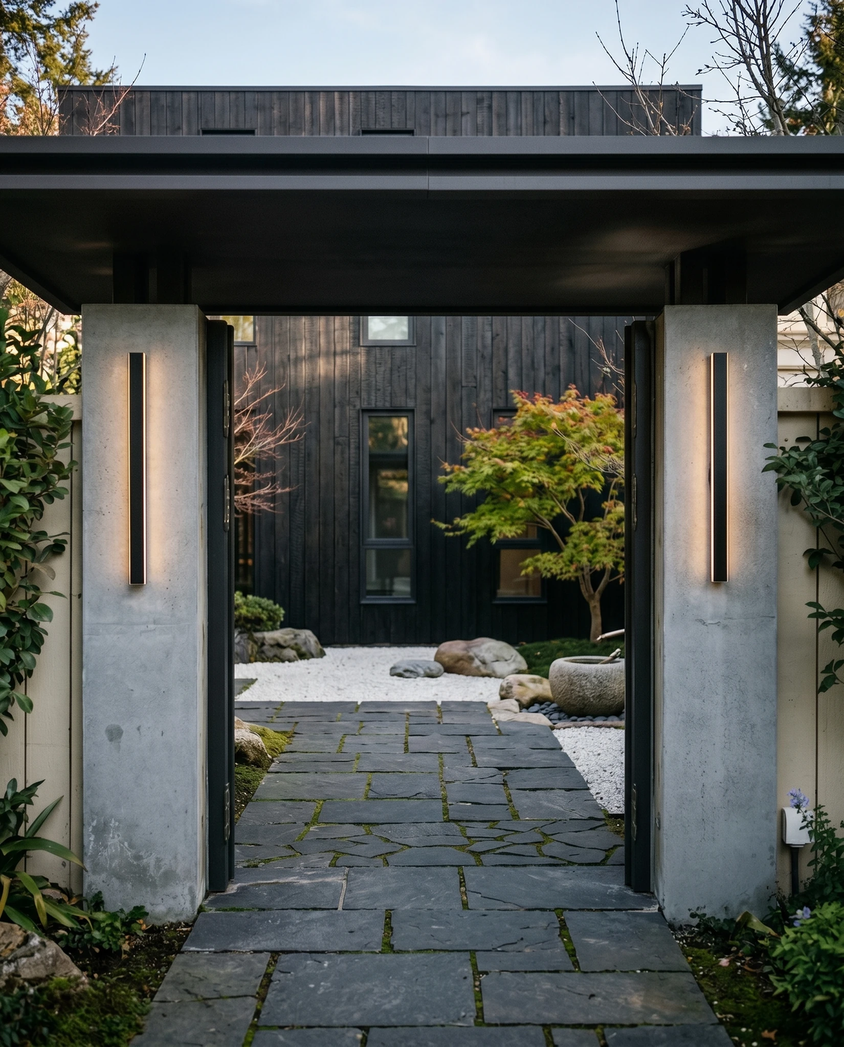 Outdoor wall sconce FRECCIA No.01 on concrete gateway pillars, two lit bars framing a stone path into a courtyard garden