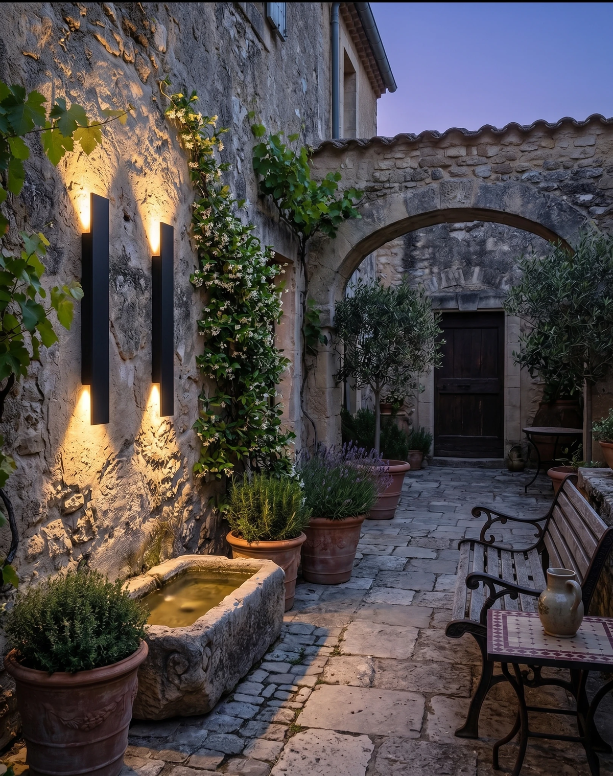 Outdoor wall sconce COLLE No.01, two matte black bars lit on a stone wall in a courtyard garden at dusk