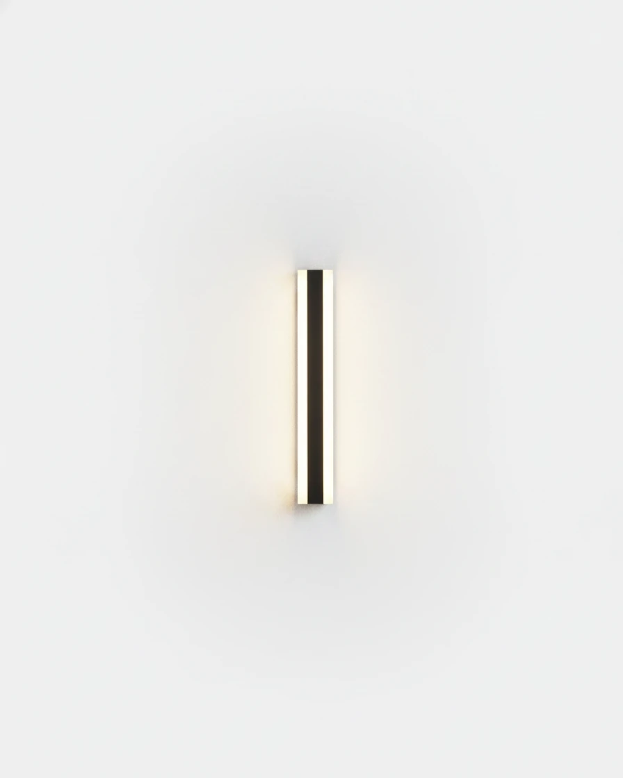 Outdoor wall sconce GIARDINO No.01, 30 cm black LED column switched on against a white wall