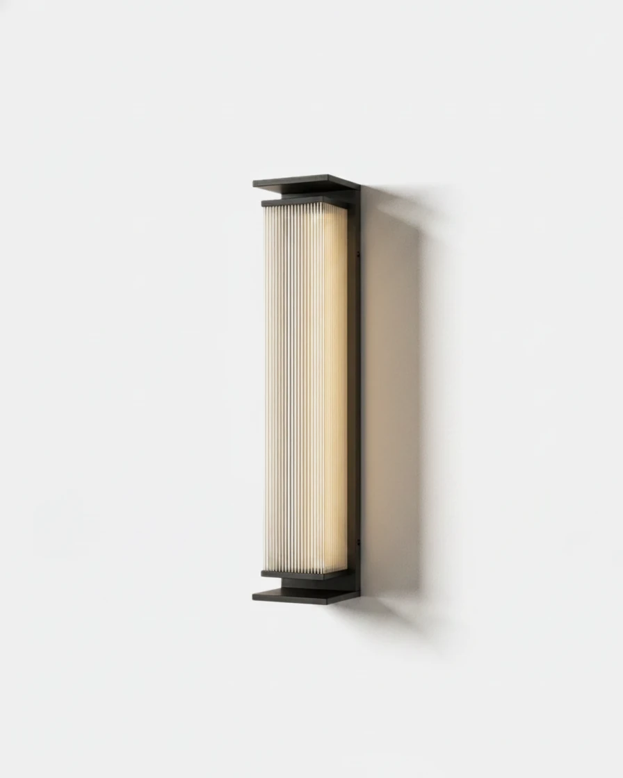 Outdoor wall sconce COSTA No.01 in the 60 cm height, fluted glass column lit inside a slim black frame
