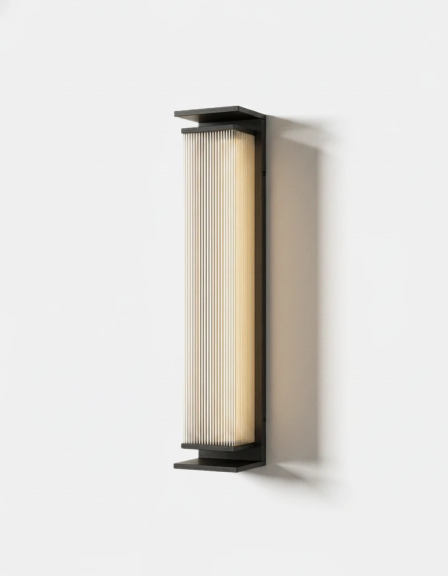 Outdoor wall sconce COSTA No.01, vertical ribbed glass bar glowing between black end caps on a plain wall