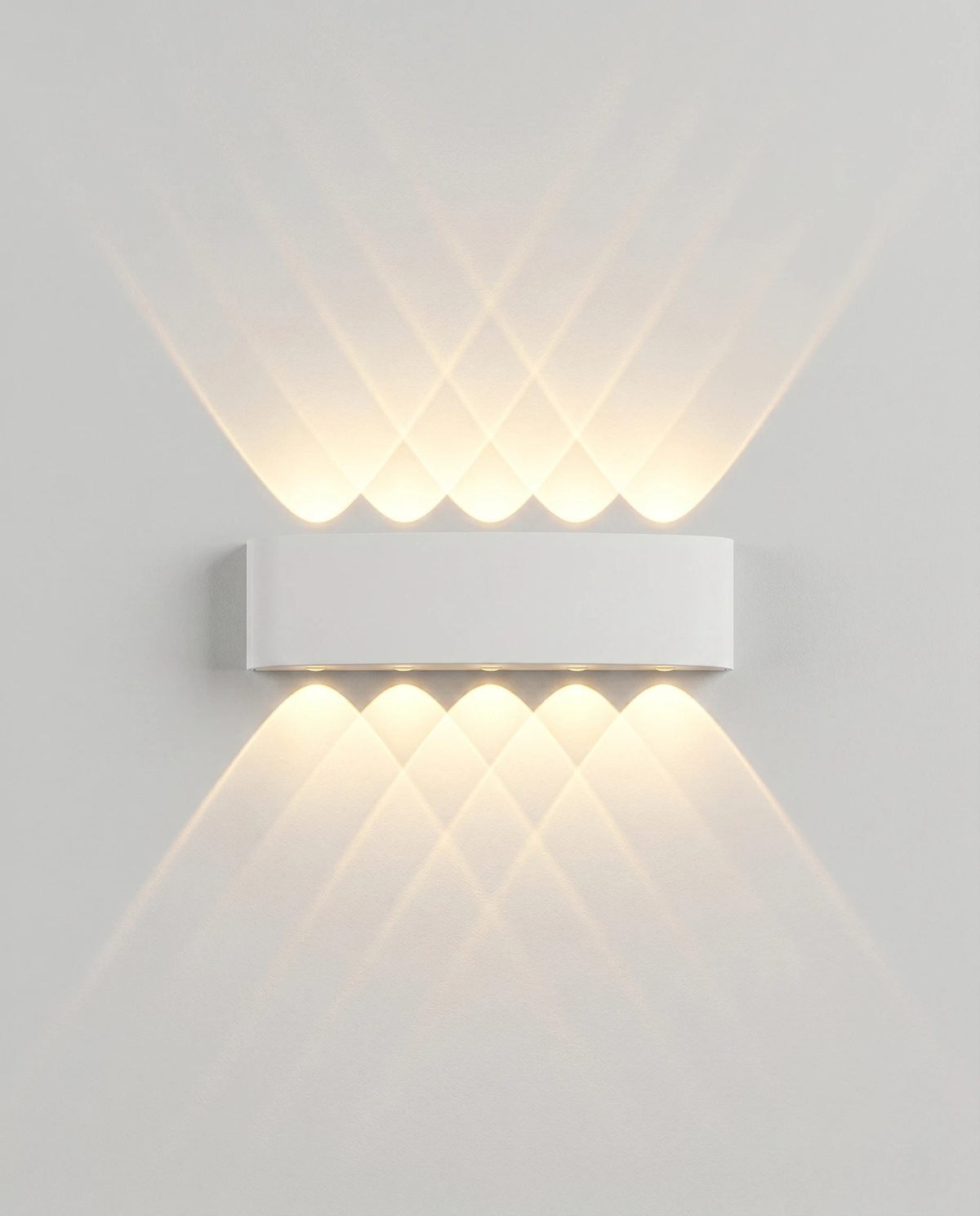 Outdoor wall sconce PALAZZO No.01 in matte white, wide bar with five beams up and five down, switched on