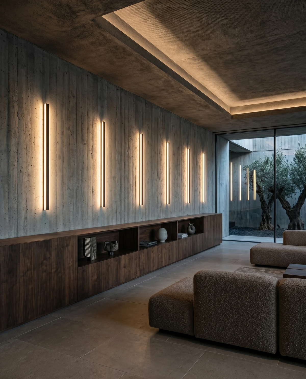 Linear LED wall sconces FRECCIA No.01, five black bars lit on a concrete living room wall above a walnut media cabinet