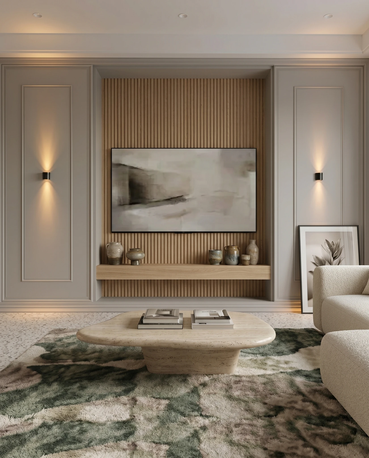 Outdoor wall sconce PALAZZO No.01 in matte black, two units lit flanking framed art above a living room console