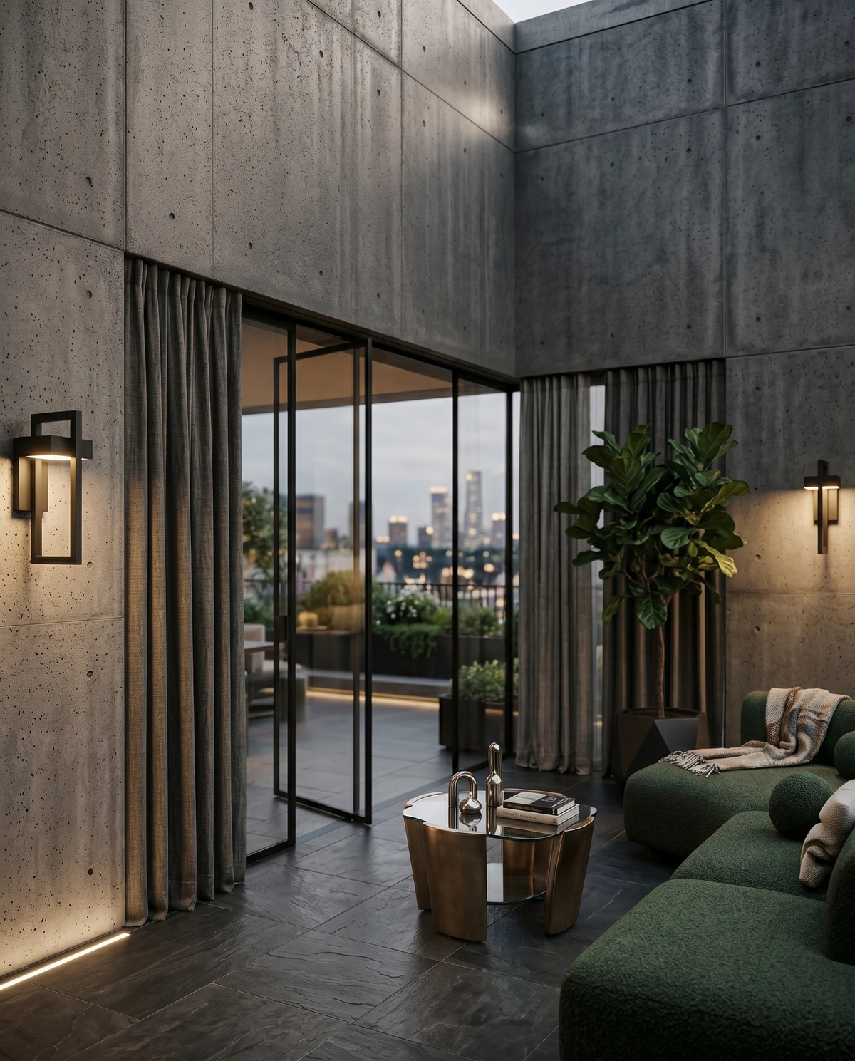 Two outdoor wall sconces FERRO No.01 lit on a concrete wall flanking glass doors to a terrace lounge with a skyline