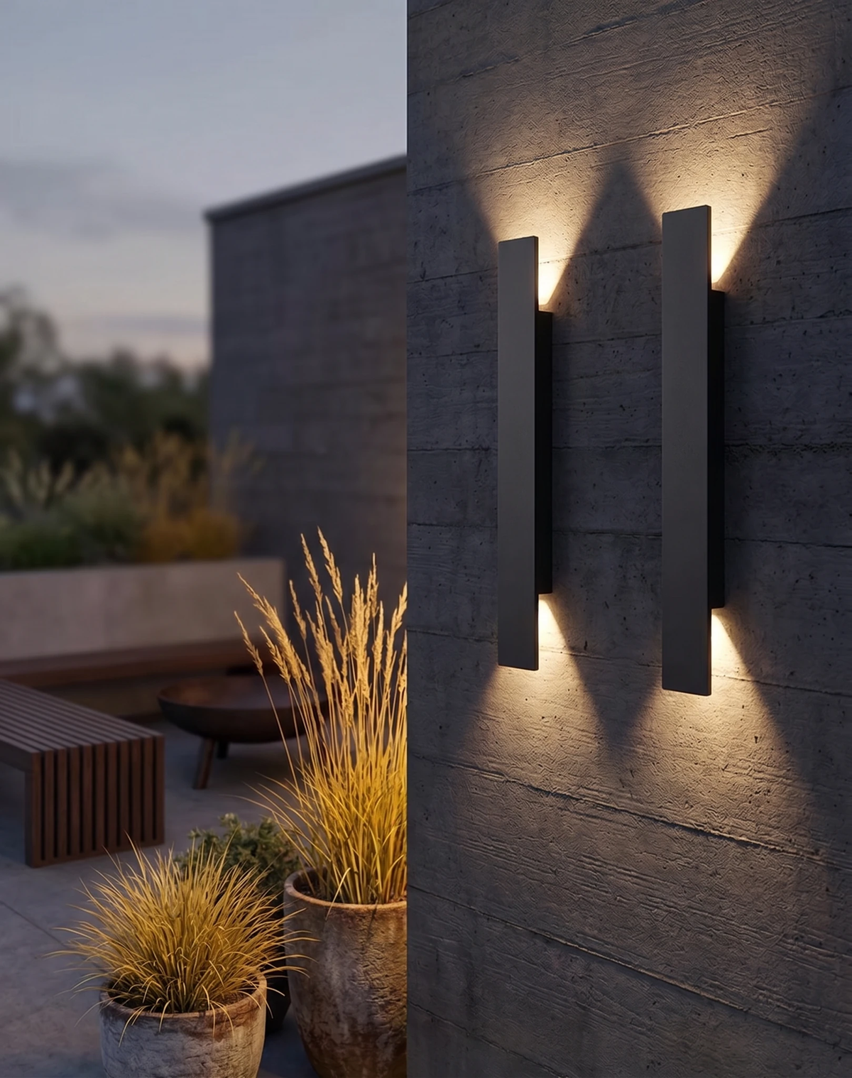 Outdoor wall sconce COLLE No.01, pair of matte black bars lit on a concrete wall above a planted terrace