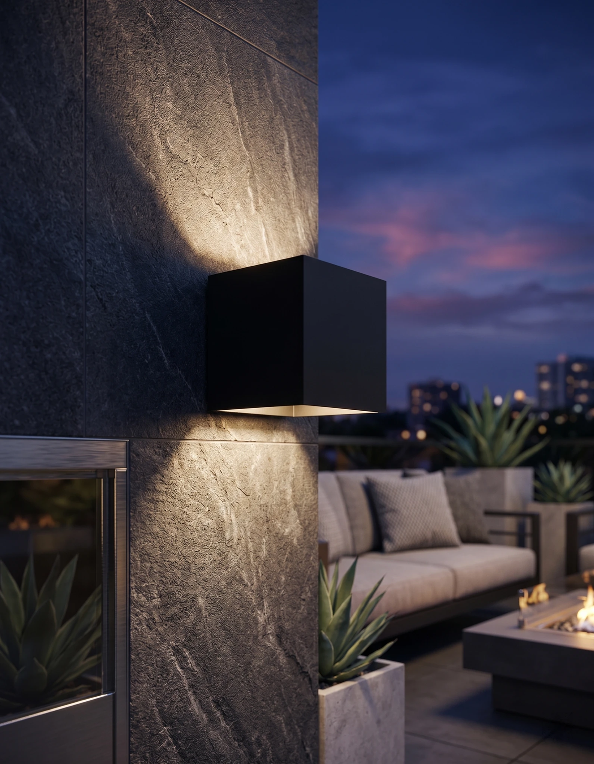 Outdoor wall sconce FARA No.01 in black lit on a dark stone wall of a rooftop patio with an outdoor sofa