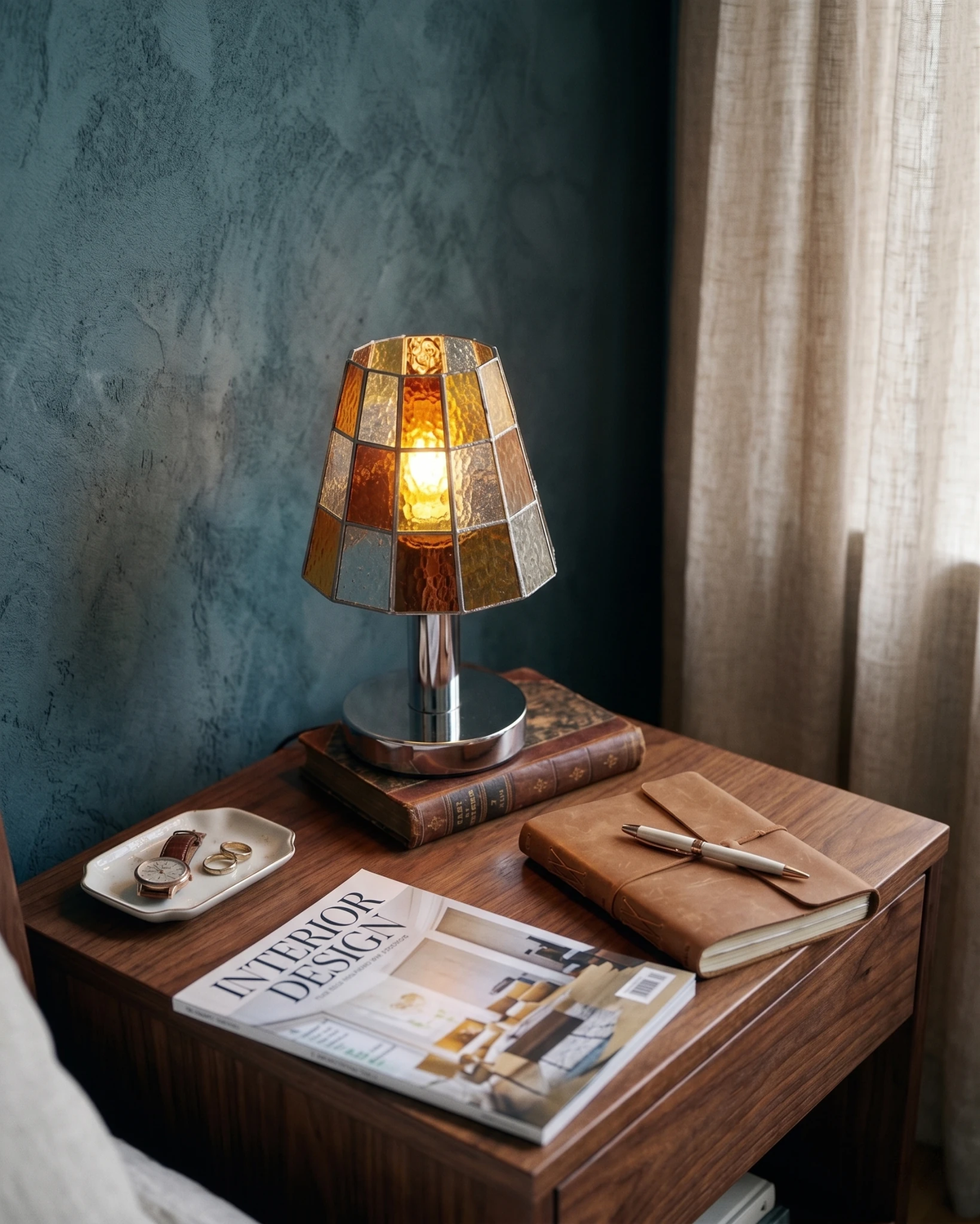 Stained glass table lamp VETRA No.01 in vibrant orange, lit on a walnut nightstand with a magazine and notebook