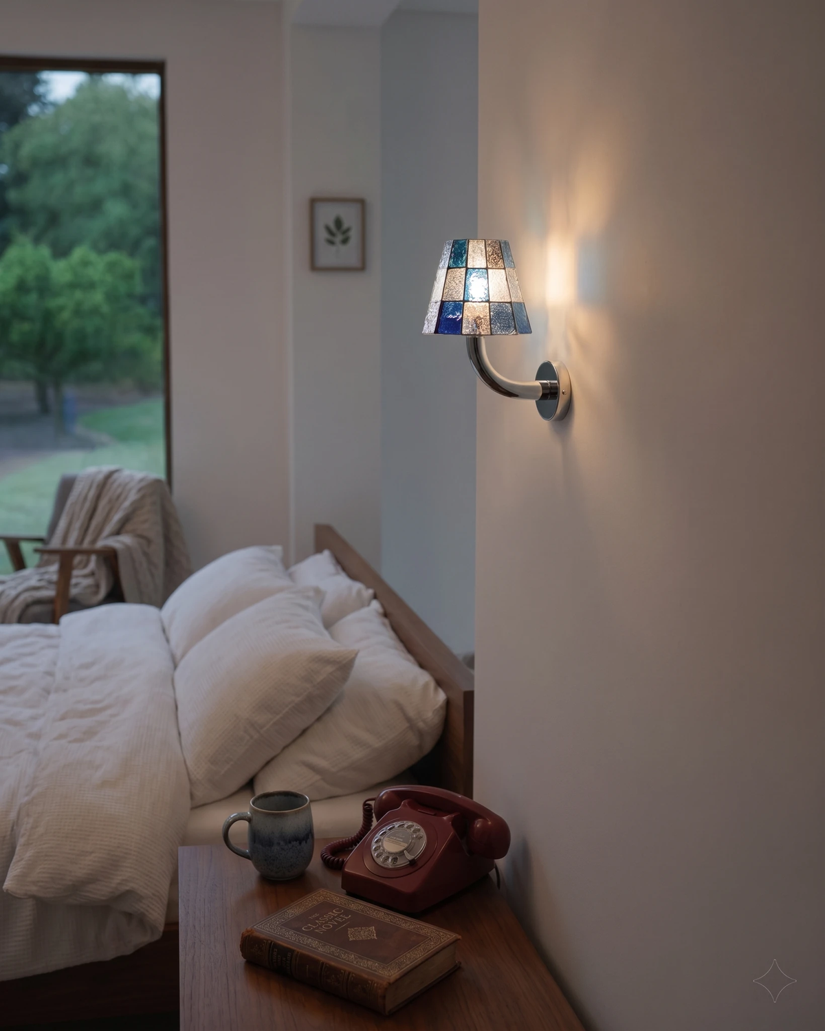 Stained glass wall sconce TESSERA No.01 with blue shade lit above a bed and a nightstand with a red rotary phone