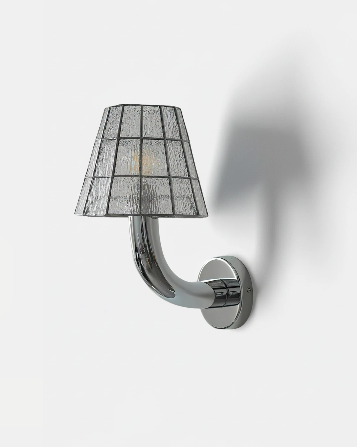 Stained glass wall sconce TESSERA No.01 in Clear Crystal, textured clear glass shade with a chrome bracket, unlit
