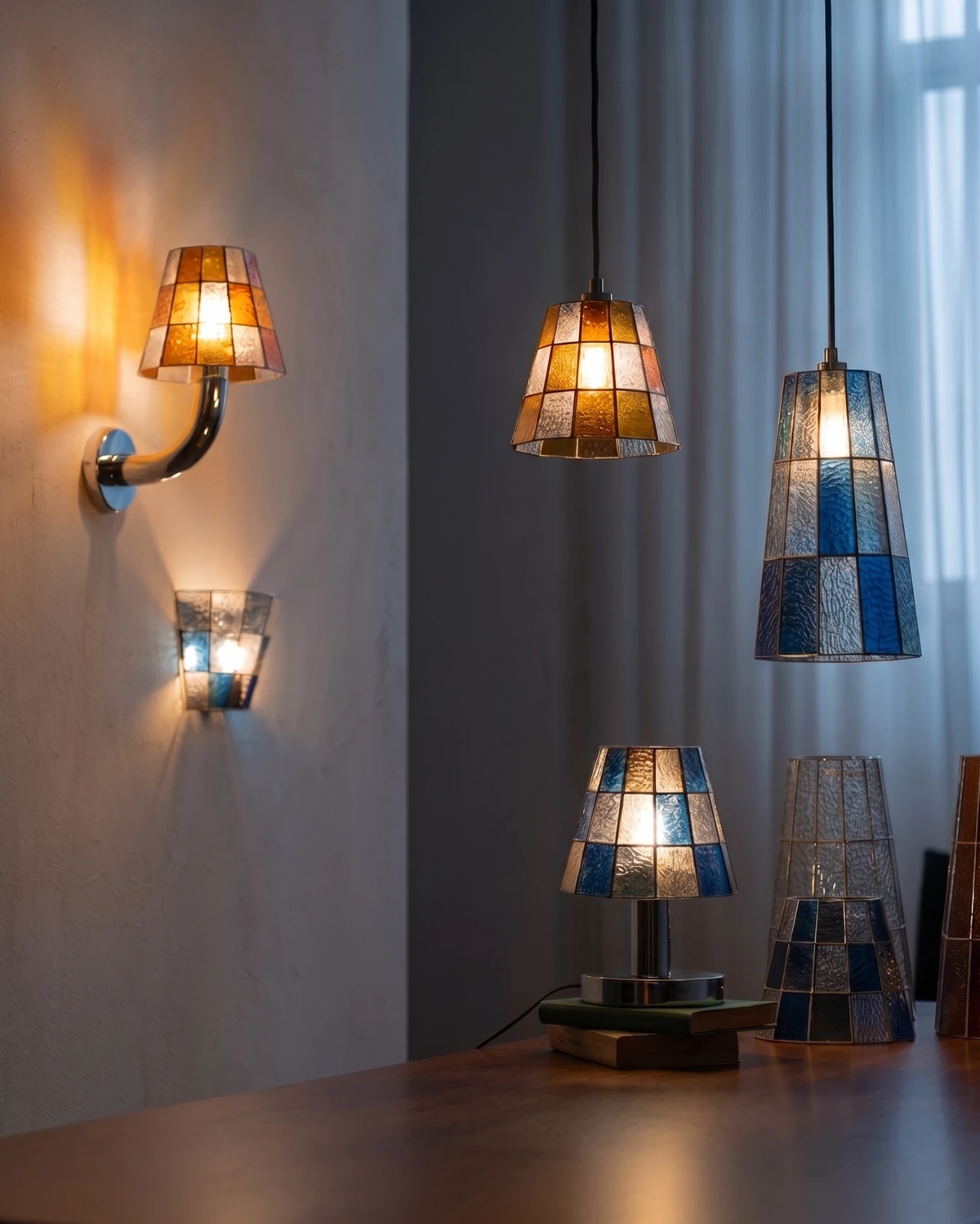 Stained glass wall sconce TESSERA No.01 lit on a wall alongside matching mosaic pendant and table lamps in blue and amber