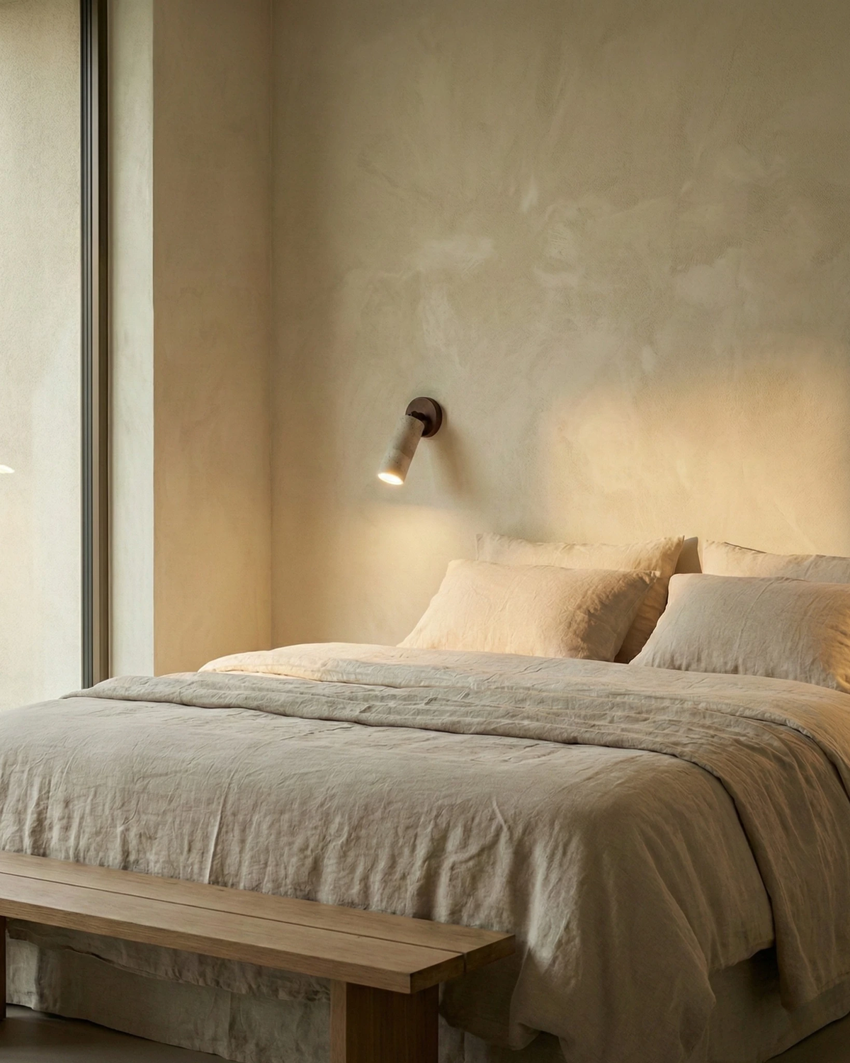 Stone-effect wall sconce MANTOVA No.01 lit as a reading light above a bed with linen bedding and a plaster wall