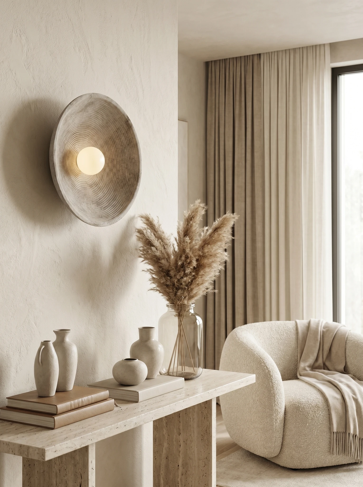 Stone-look wall sconce ECCO No.01 in warm cream, lit beside a window above a console with vases and a boucle chair