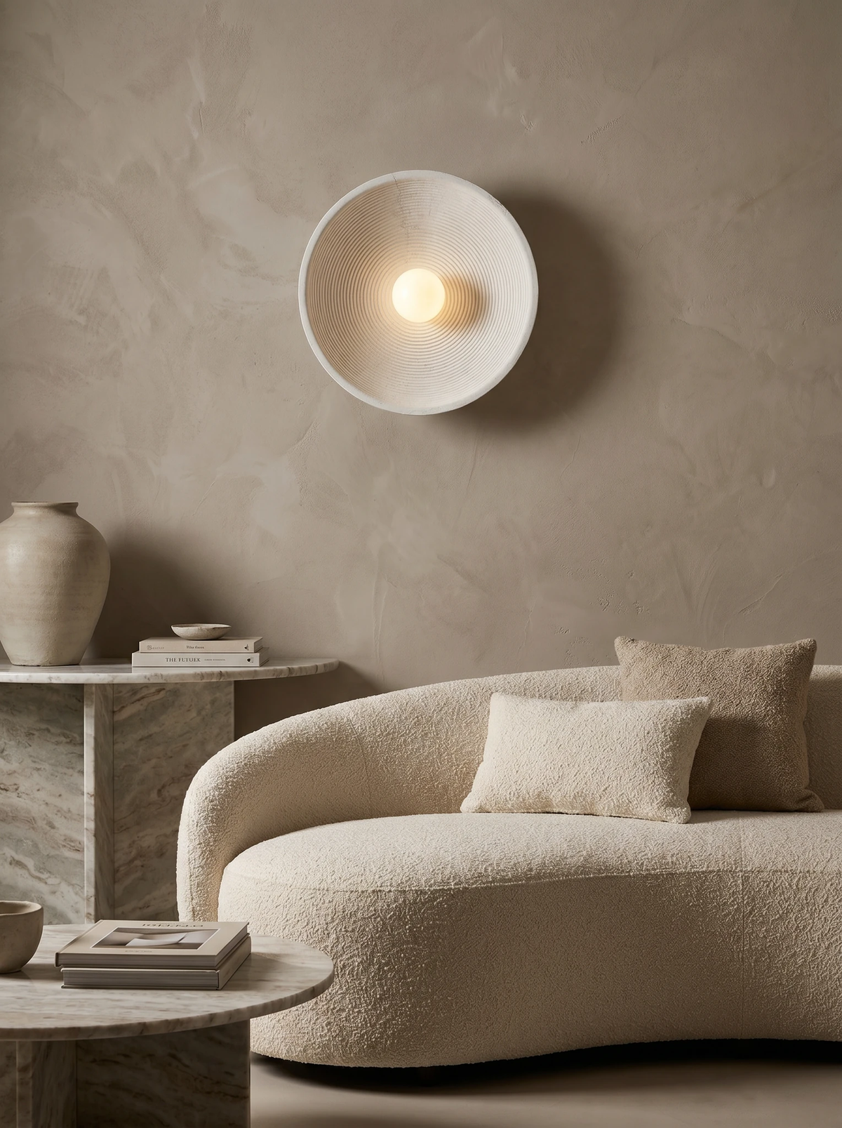 Stone-look wall sconce ECCO No.01 in warm cream, lit on a plaster wall above a curved boucle sofa