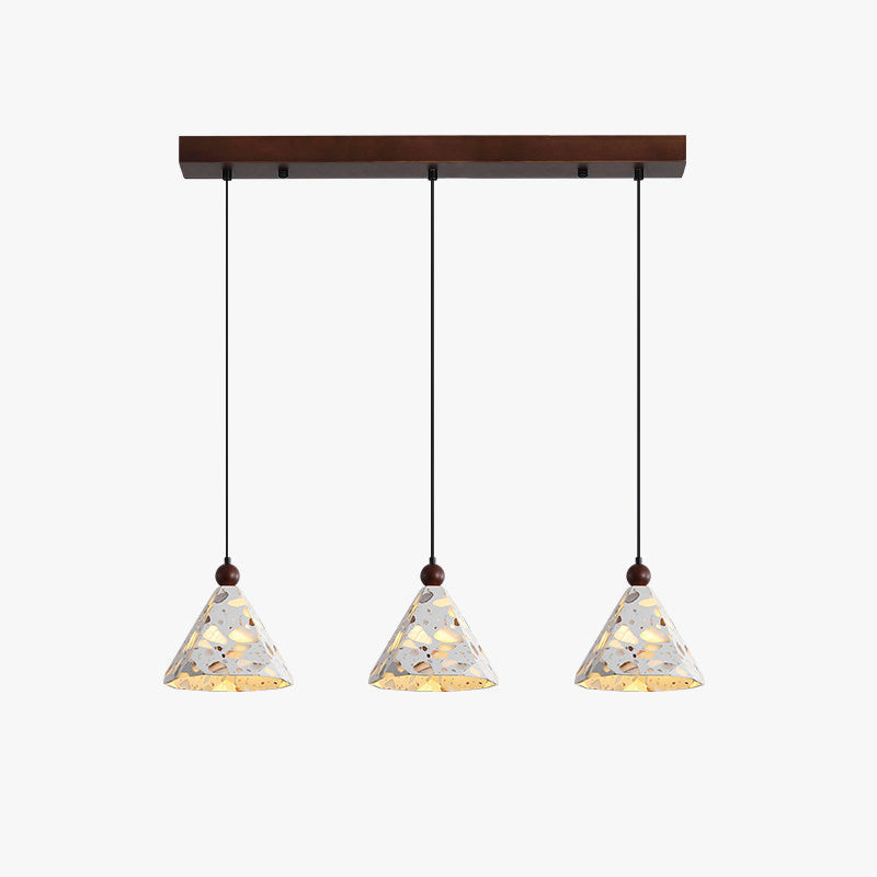Linear trio terrazzo pendant light MOLO No.01, three cones with walnut beads on a walnut bar, unlit