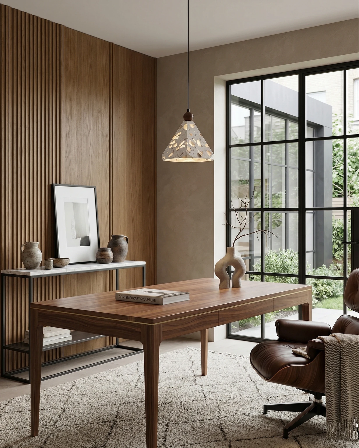 Terrazzo pendant light MOLO No.01 lit above a wooden desk in a wood-paneled office with steel windows