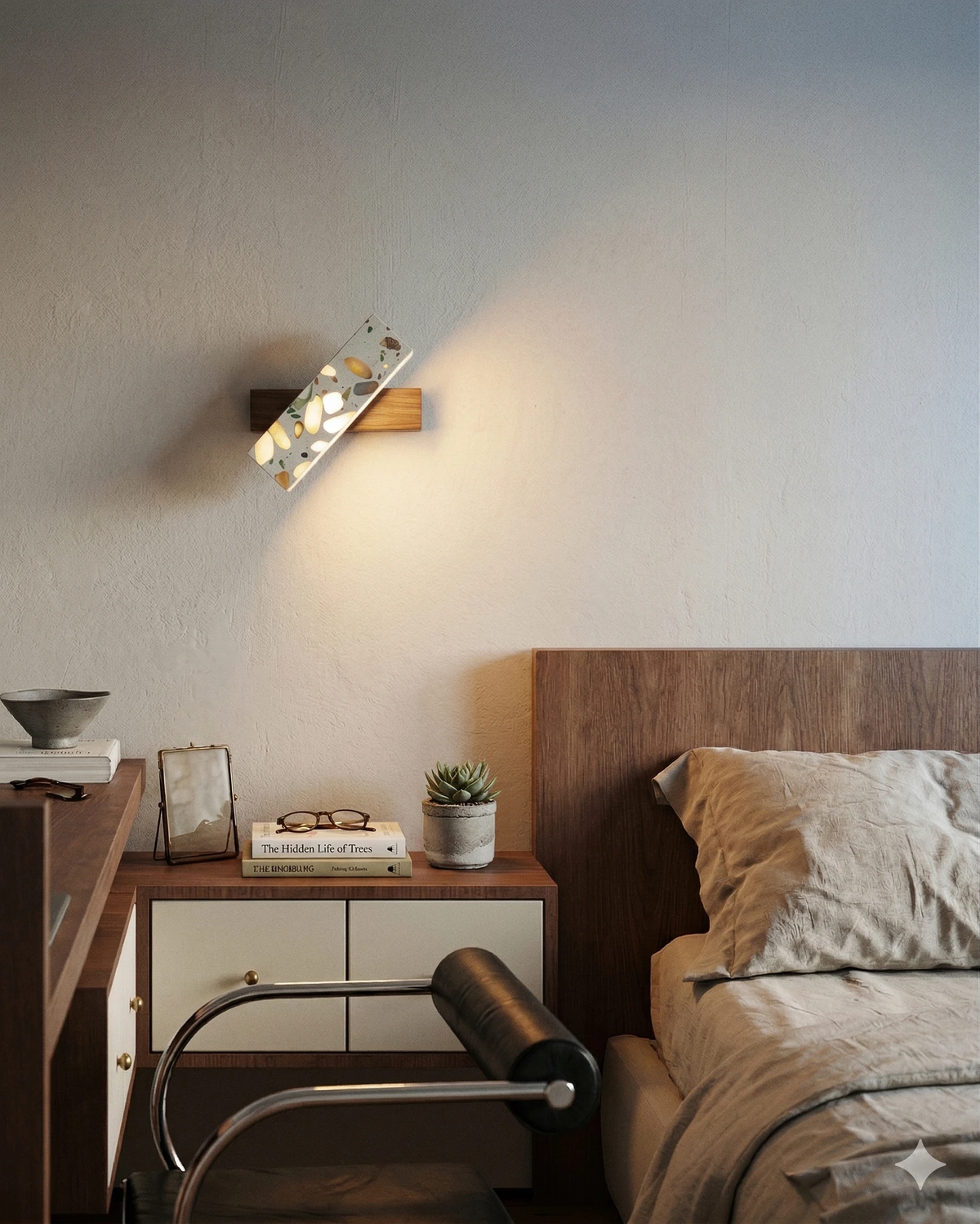 Terrazzo wall sconce PIETRA No.07 lit above a wood headboard and nightstand in a gray bedroom