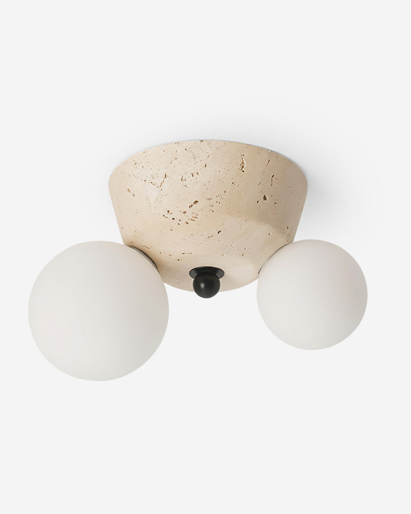 Travertine flush mount ceiling light AVORIO No.01, yellow travertine bowl with two opal globes seen from below, unlit