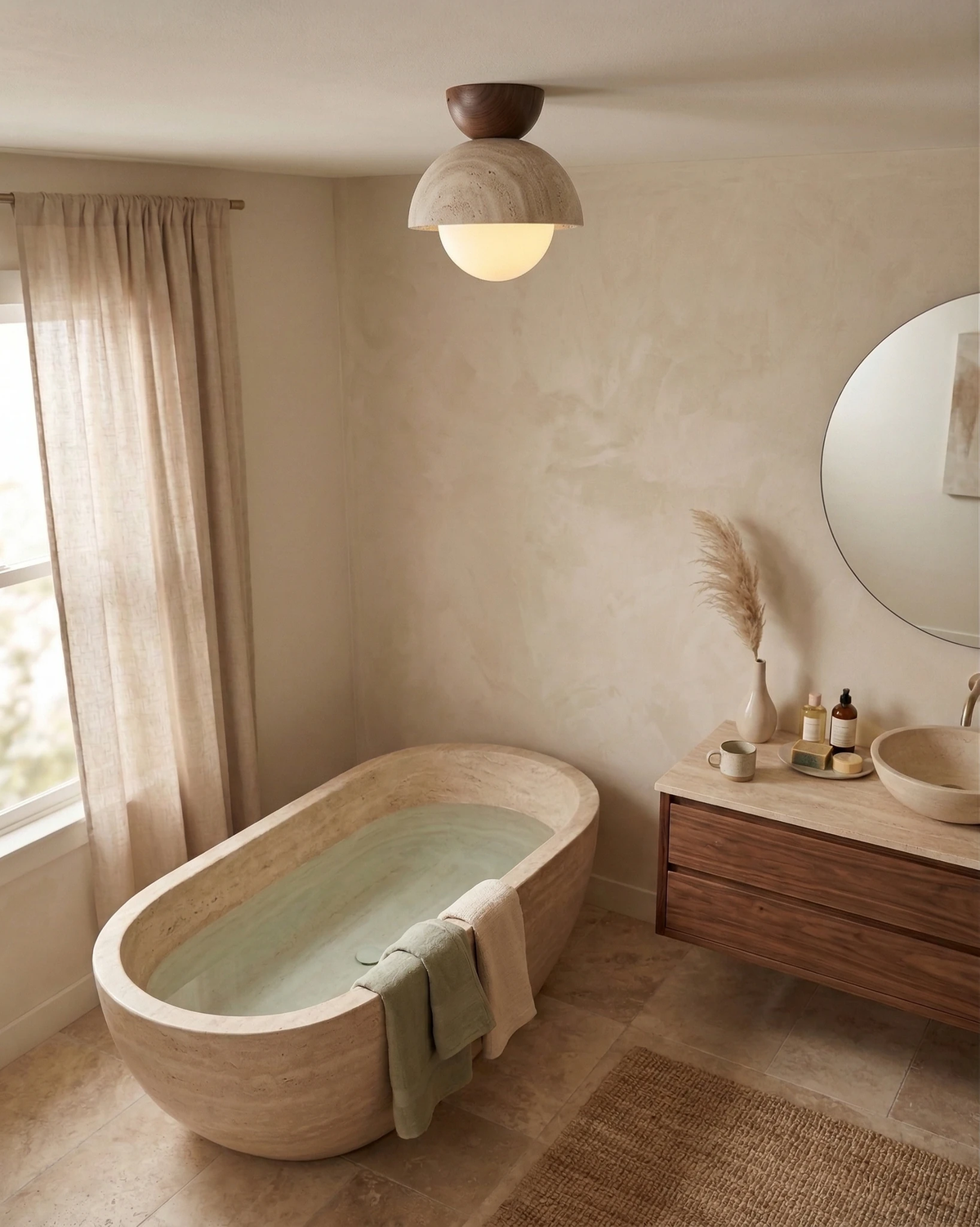 Travertine flush mount ceiling light LUNA No.06 lit above a freestanding stone bathtub and a walnut vanity