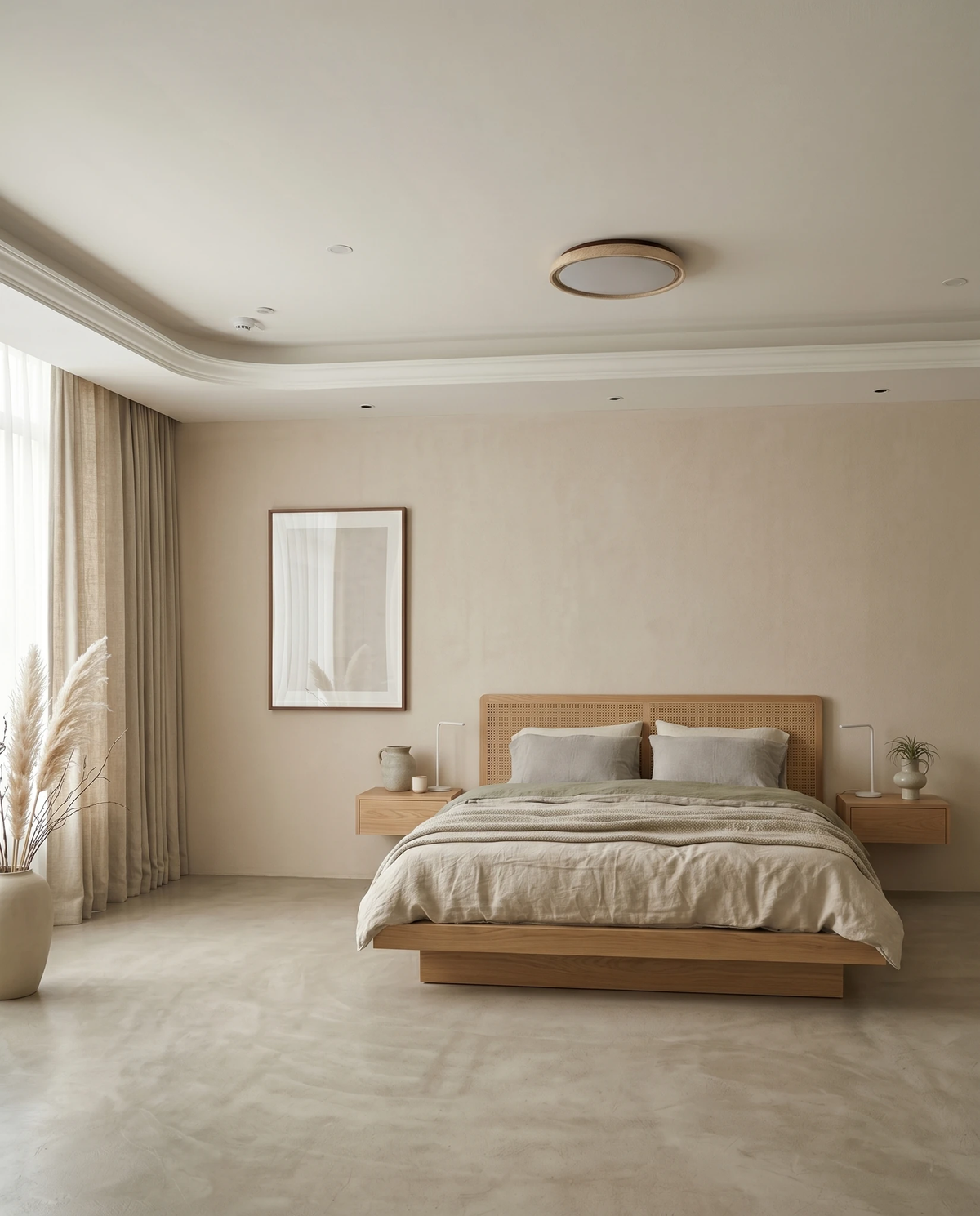 Travertine flush mount ceiling light LUNA No.01 switched on above a low oak bed in a pale minimalist bedroom