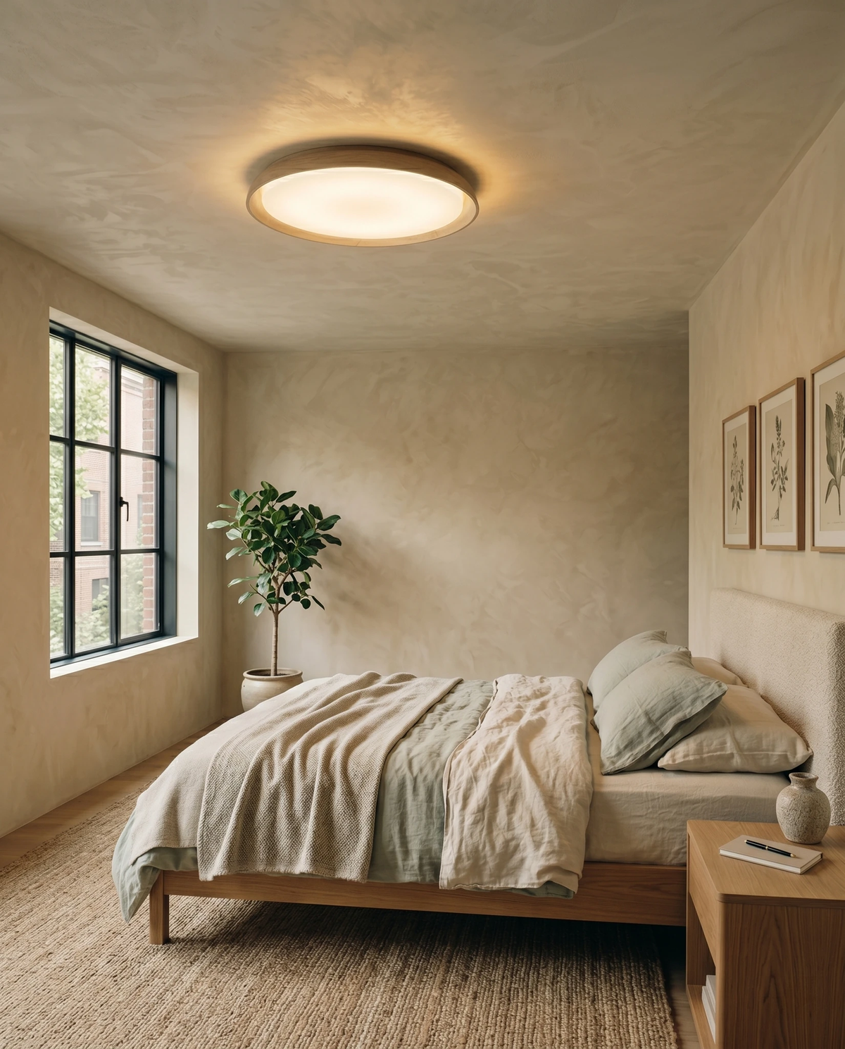 Travertine flush mount ceiling light LUNA No.01 lit on a plaster ceiling in a bedroom with a window and a potted tree