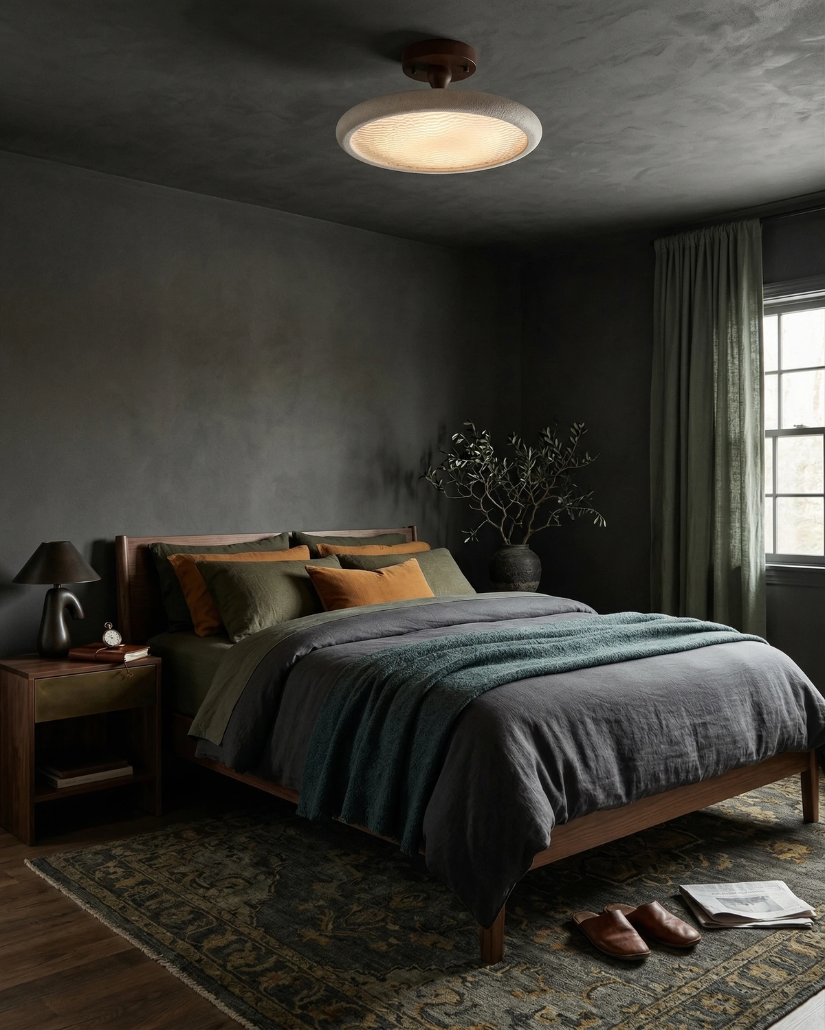 Travertine flush mount ceiling light LUNA No.02 glowing on the ceiling of a dark green bedroom with a walnut bed