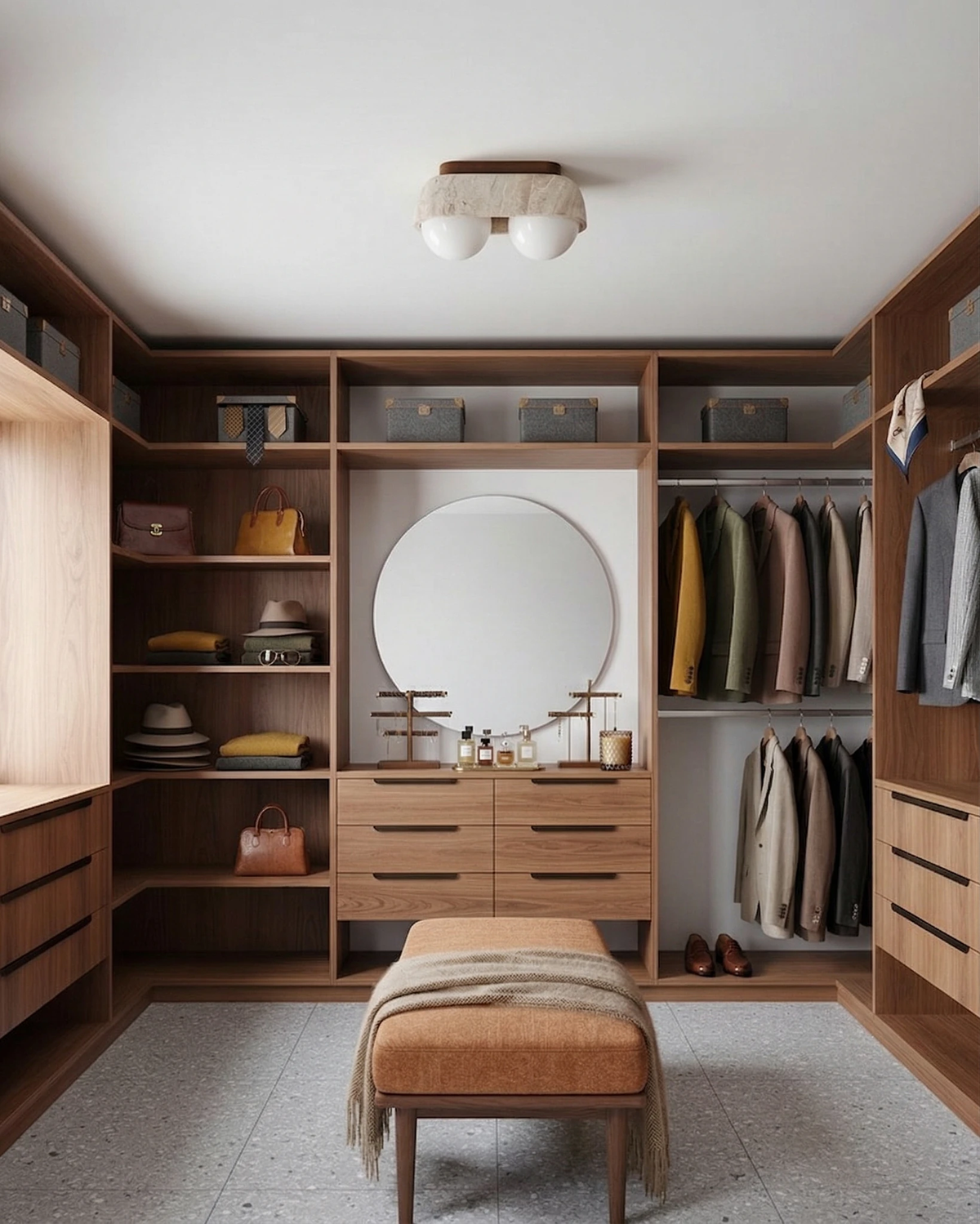 Travertine flush mount ceiling light PIETRA No.03 switched on over a walk-in closet with walnut wardrobes and a round mirror