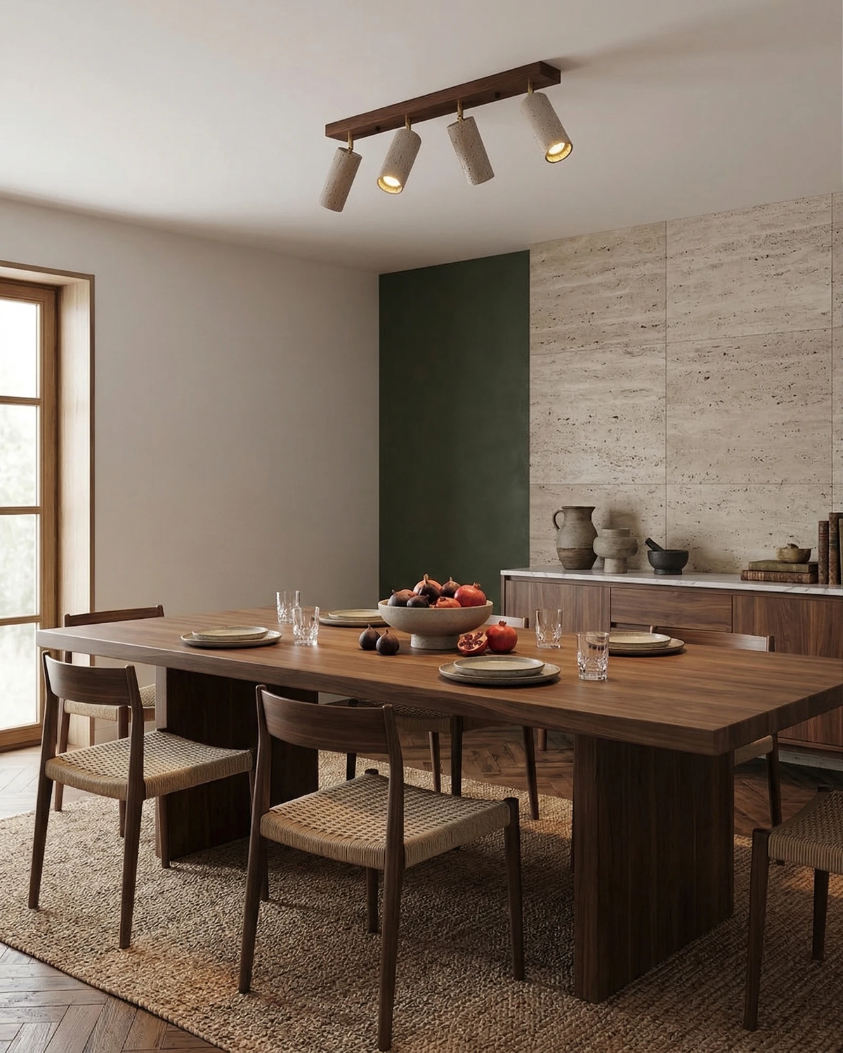 Travertine flush mount ceiling light PIETRA No.04, triple walnut bar over a dark wood dining table by a green wall