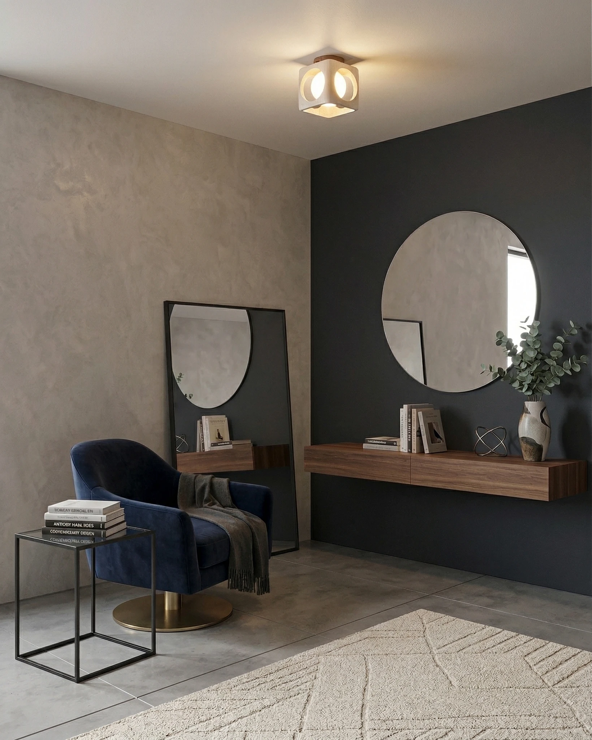 Travertine flush mount ceiling light CUBA No.01 lit on the ceiling of an entryway with a navy chair and round mirror
