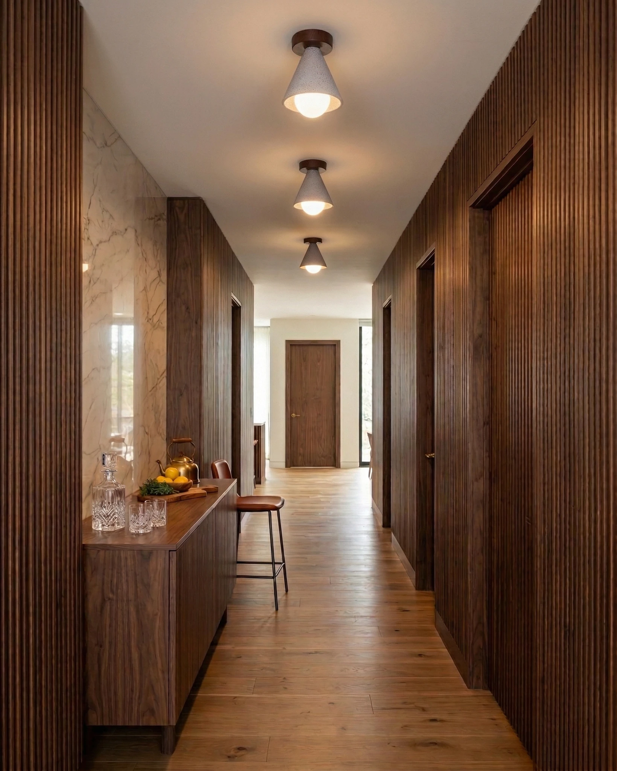 Three travertine flush mount ceiling lights CIPRO No.01 lit along the ceiling of a wood-paneled hallway