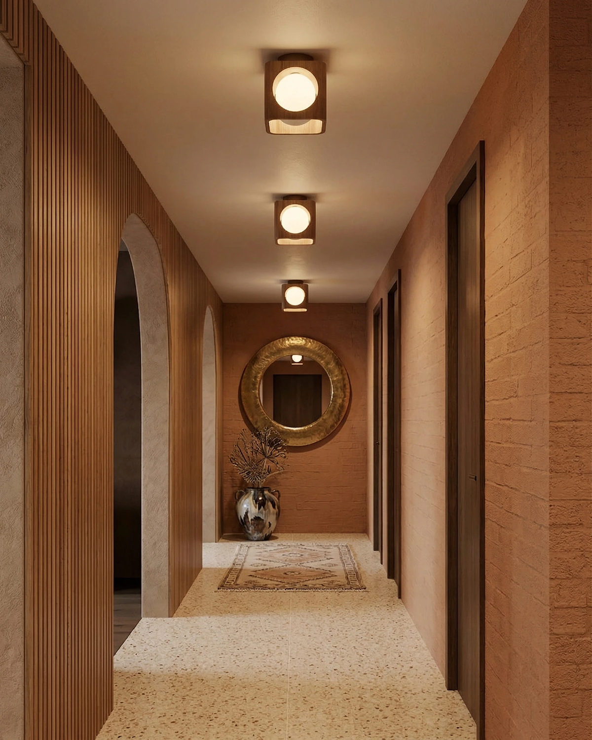 Three travertine flush mount ceiling lights CUBA No.01 lit in a row along a wood-paneled hallway ceiling
