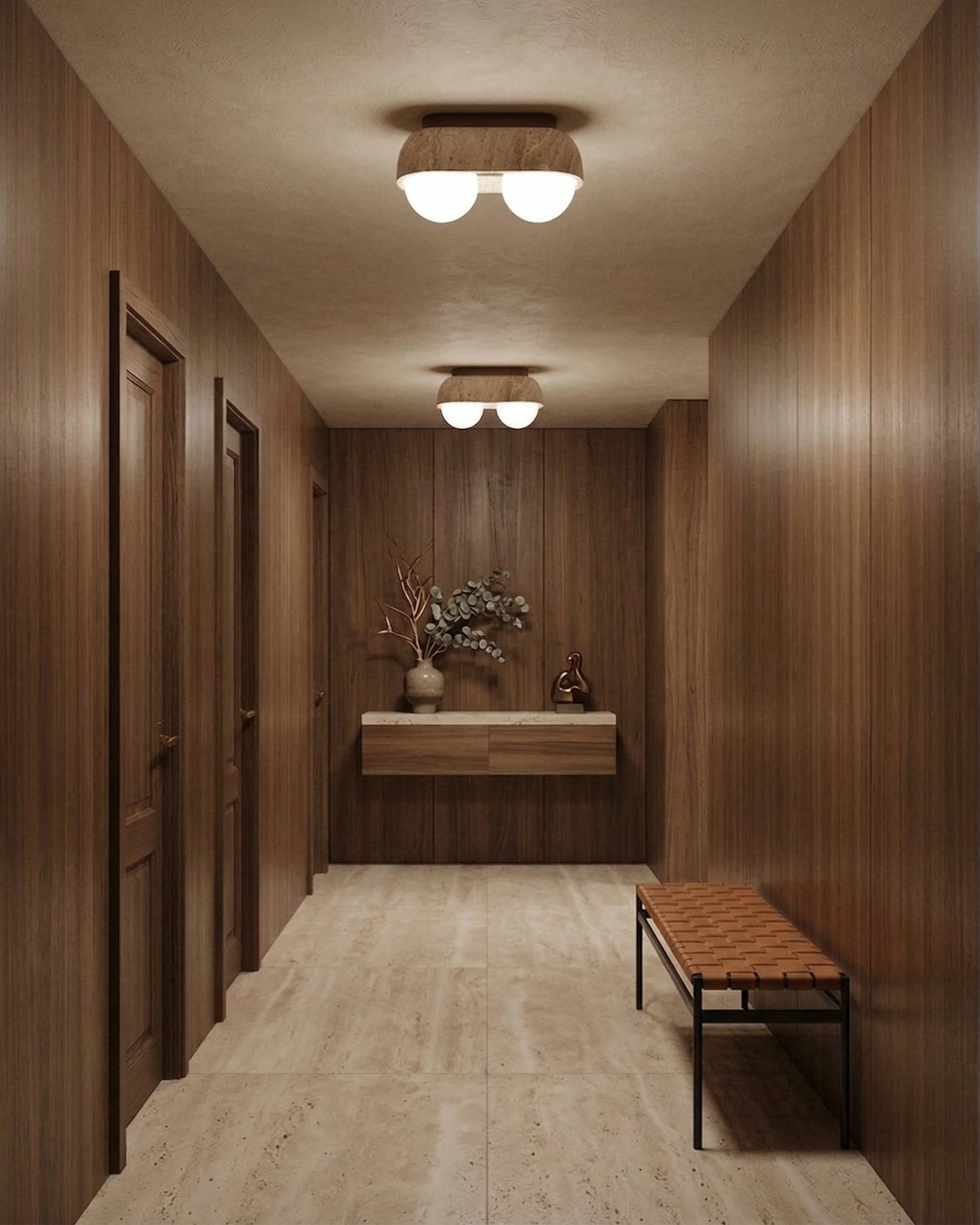 PIETRA No.03 | Travertine Bar Flush Mount with Walnut & Opal Globes styled in a hallway