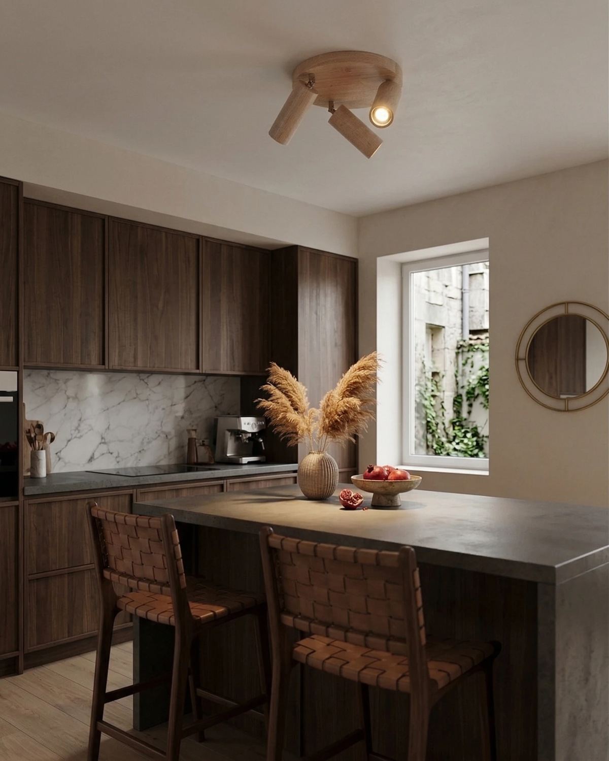 Travertine flush mount ceiling light RAGGI No.02 lit above a kitchen island with walnut cabinets and a marble backsplash