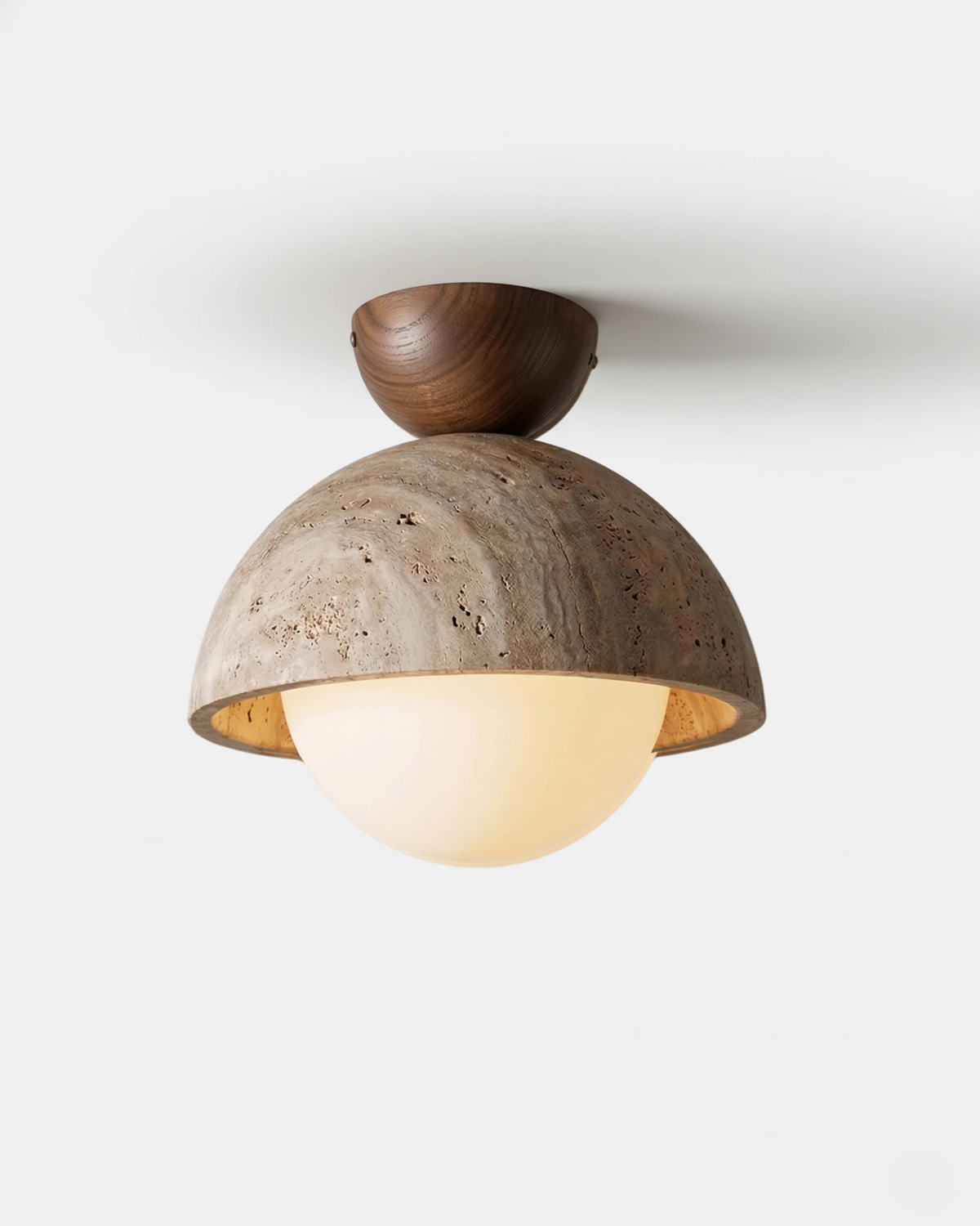 Travertine flush mount ceiling light LUNA No.06 in 6 in with a Dark Walnut canopy, travertine dome over a glowing globe