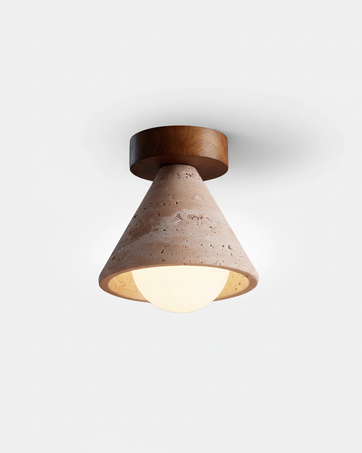 Travertine flush mount ceiling light CIPRO No.01, travertine cone under a walnut canopy with the opal globe lit