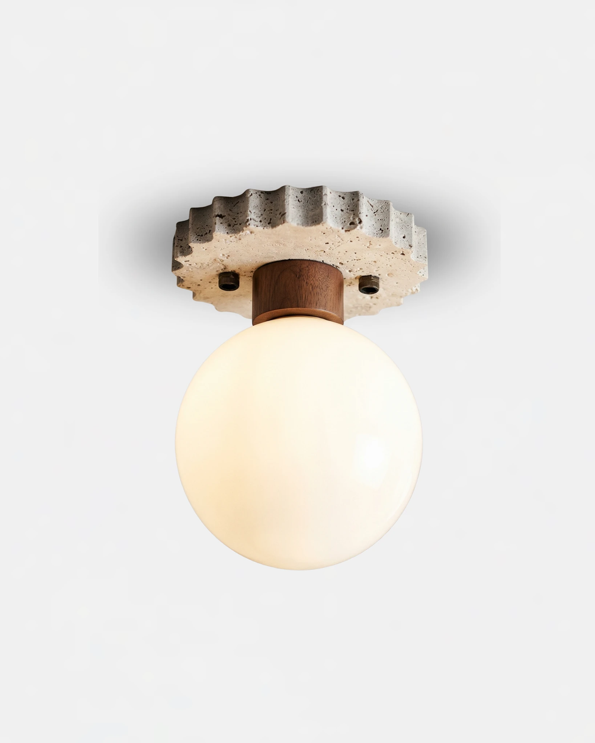 Travertine flush mount ceiling light LUNA No.07, crenellated travertine canopy, walnut collar and glowing opal globe
