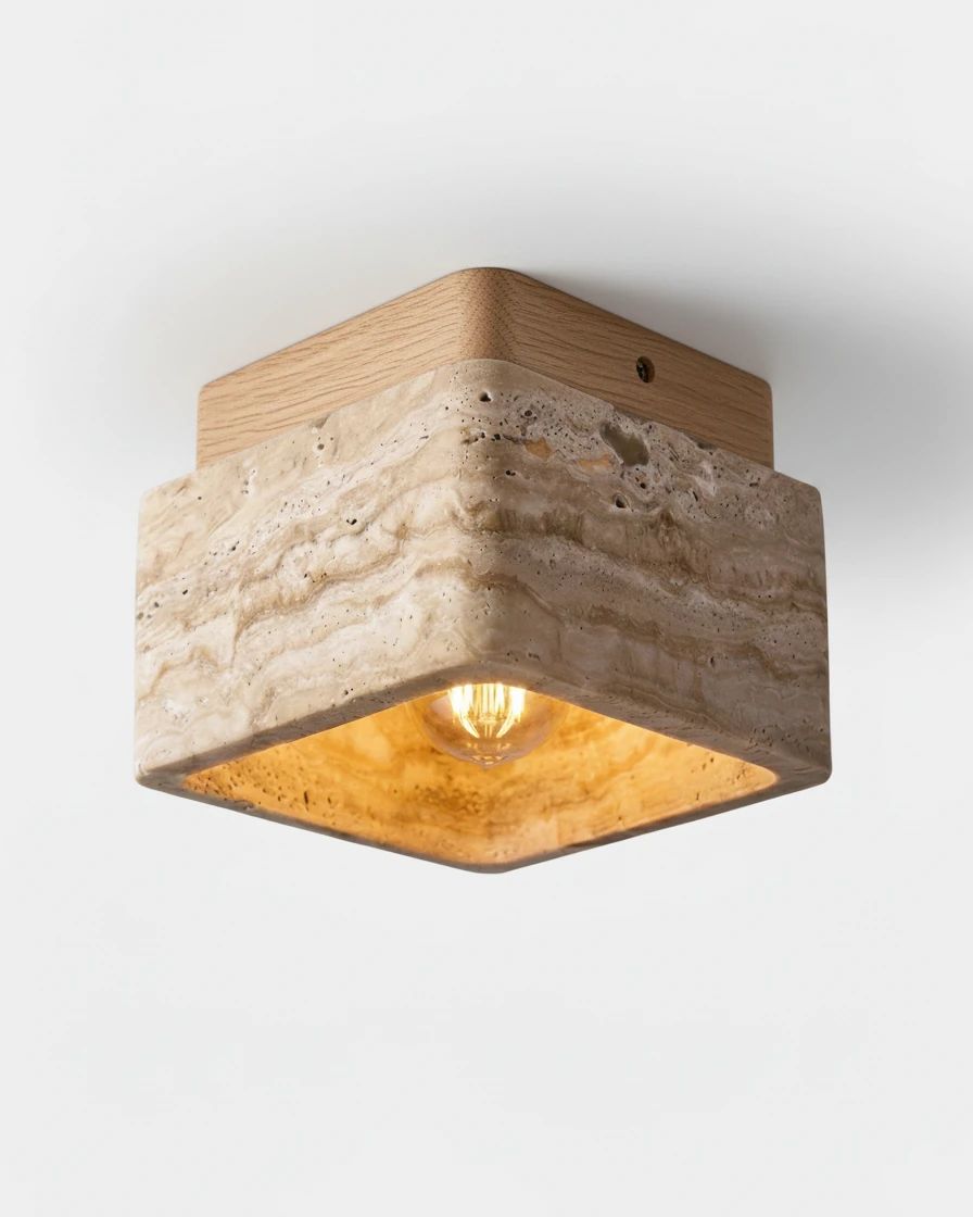 Travertine flush mount ceiling light CARSO No.01 with a natural wood canopy, square travertine block switched on