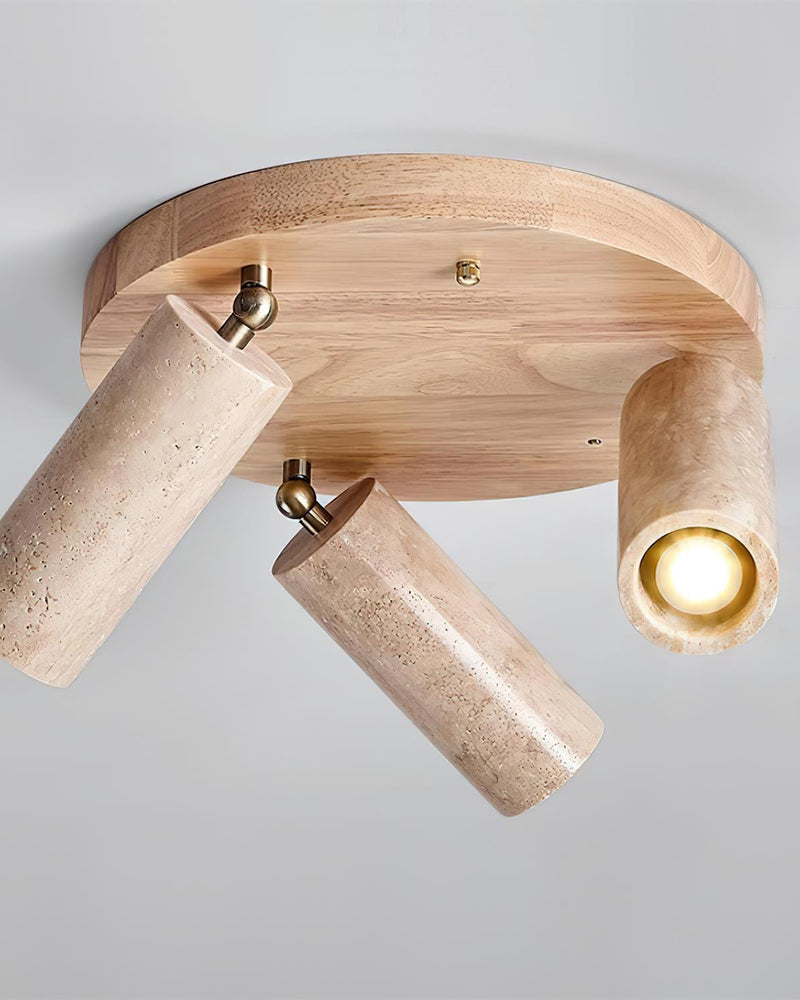 Travertine flush mount ceiling light RAGGI No.02 in Natural Wood, three adjustable travertine spots on a light wood disc