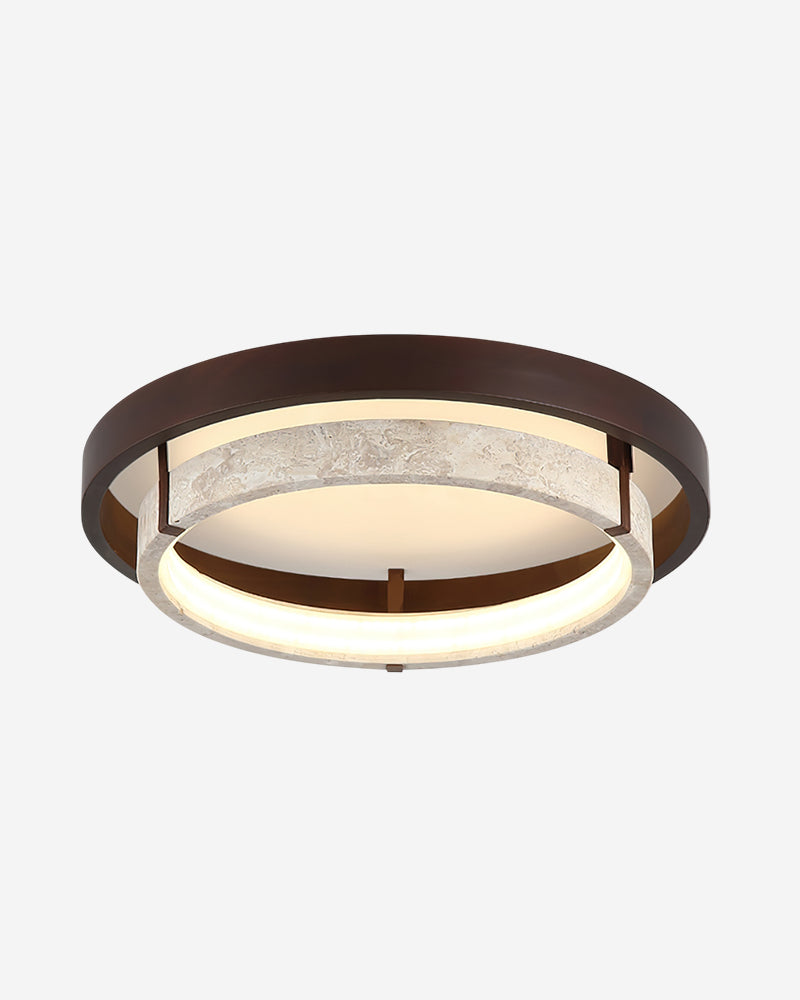 Travertine flush mount ceiling light LUNA No.04, walnut ring around a cream travertine drum, switched on
