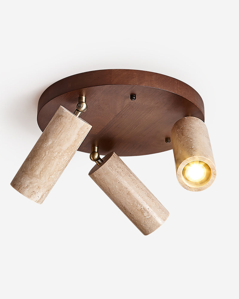 Travertine flush mount ceiling light RAGGI No.02 in Walnut, three travertine spots on a walnut disc, one spot lit