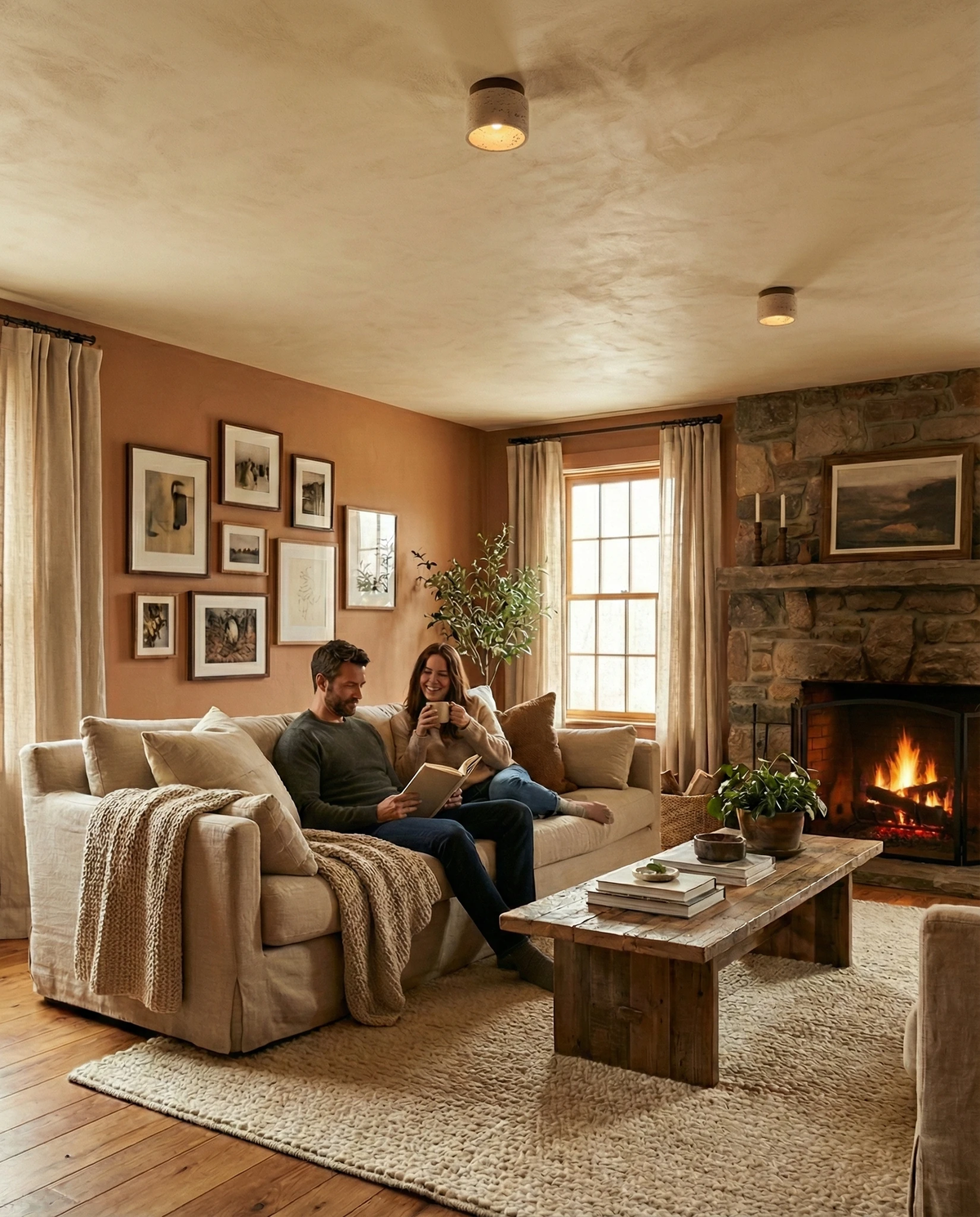 Cream travertine flush mount ceiling light VERTIN No.05 lit in a living room with a stone fireplace and a couple on the sofa